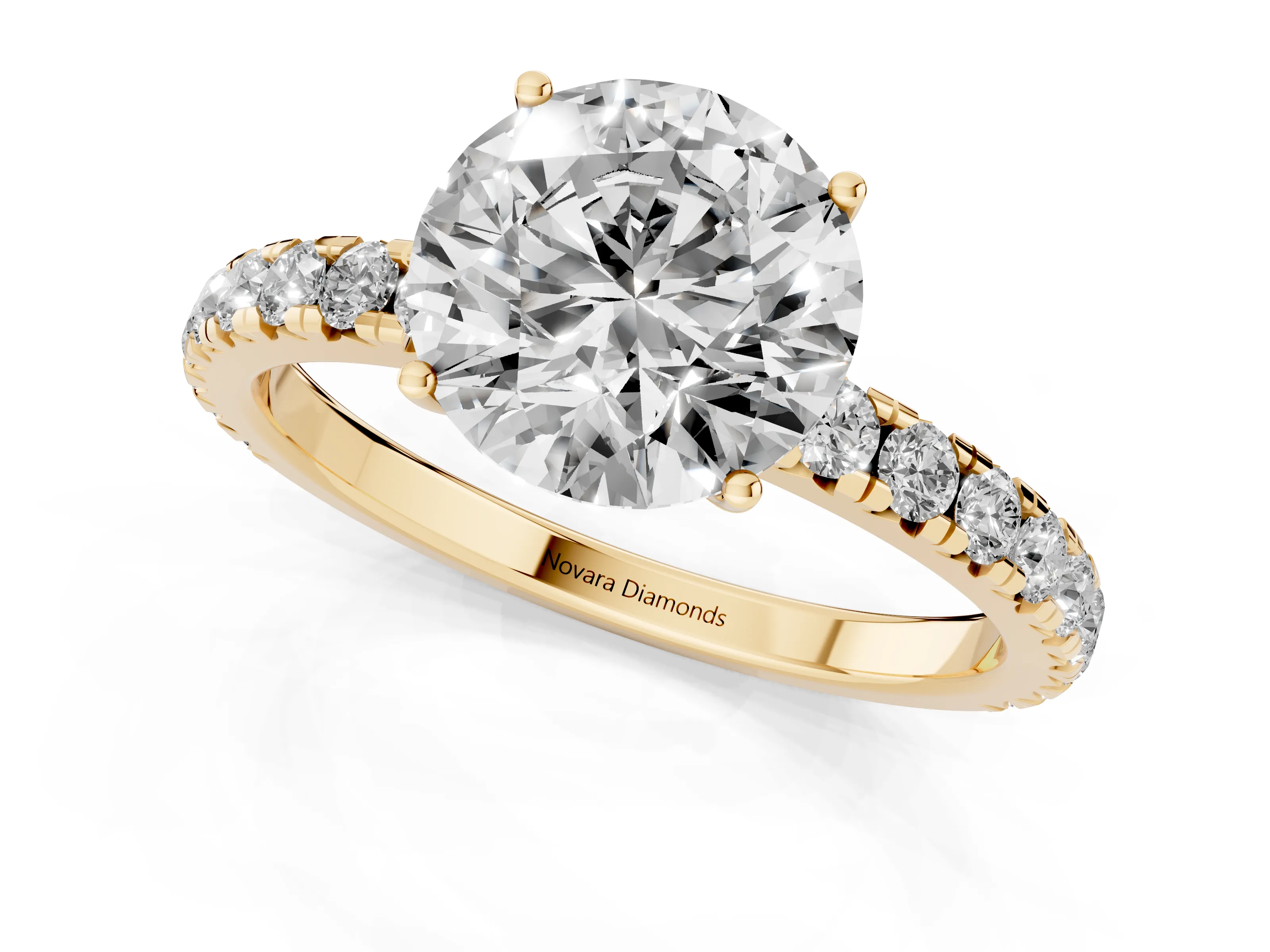 Round Cut Diamond Pavé Solitaire Engagement Ring Set in Yellow gold with Prong Setting