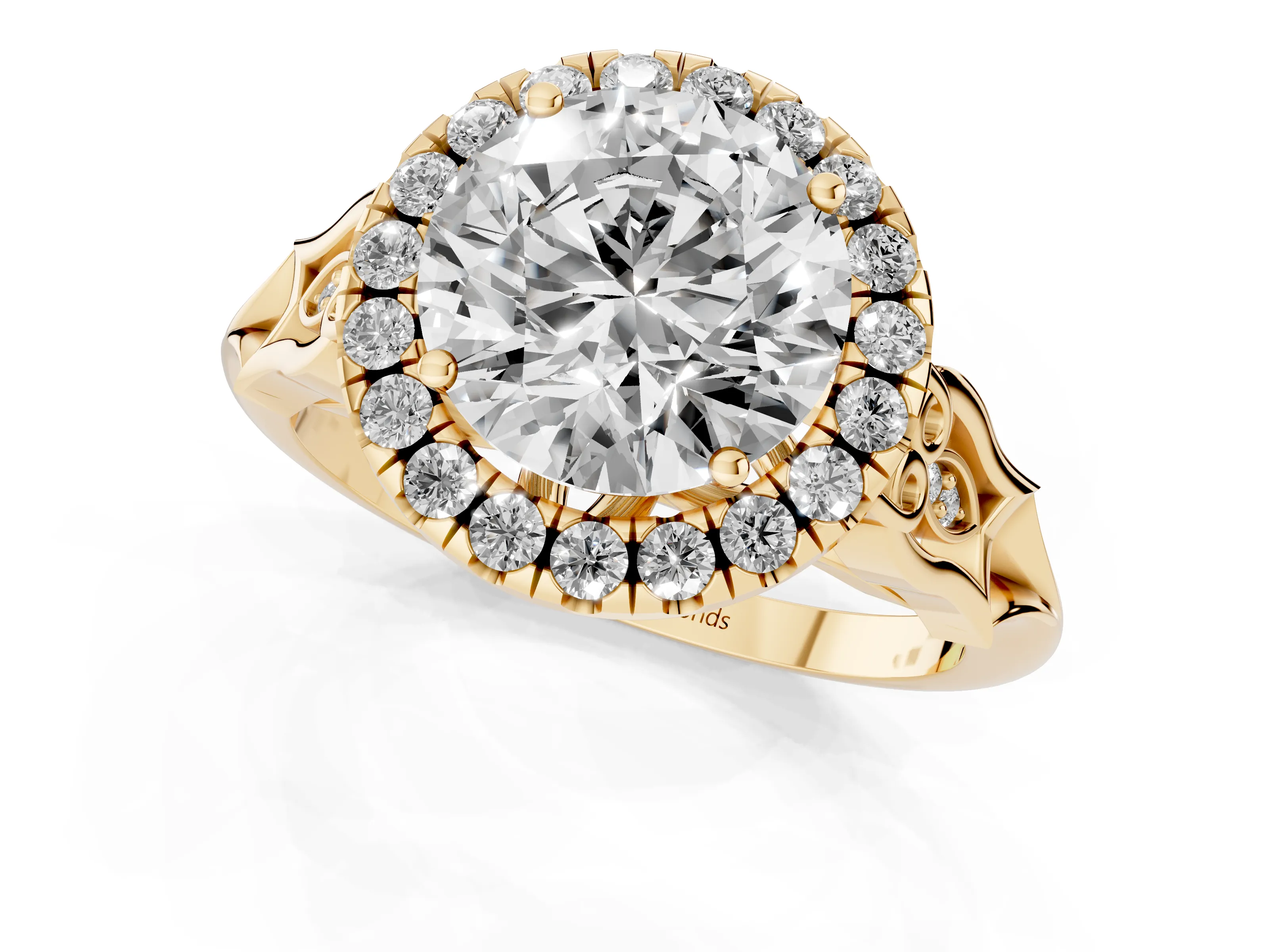 Round Cut Diamond Halo Engagement Ring Set in Yellow gold with Filigree Band and Prong-Set Center