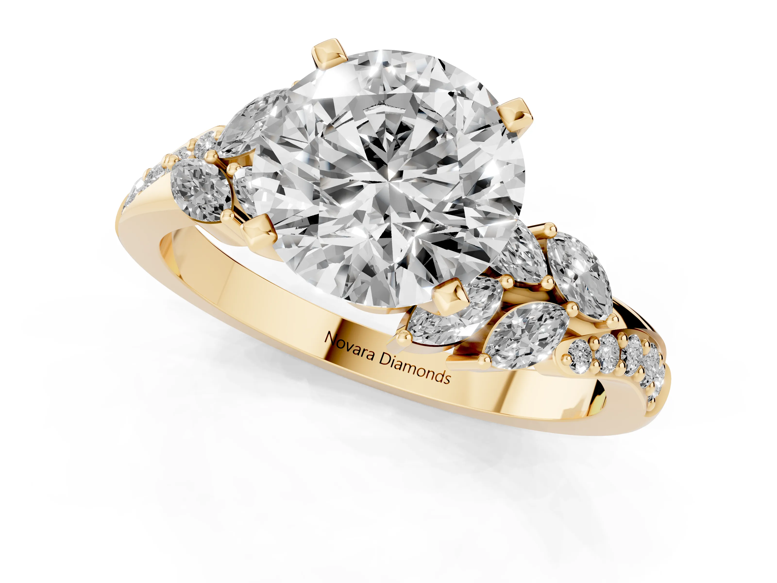 Round Cut Diamond Solitaire Ring Set in Yellow gold with Marquise Twist Band and Prong Setting