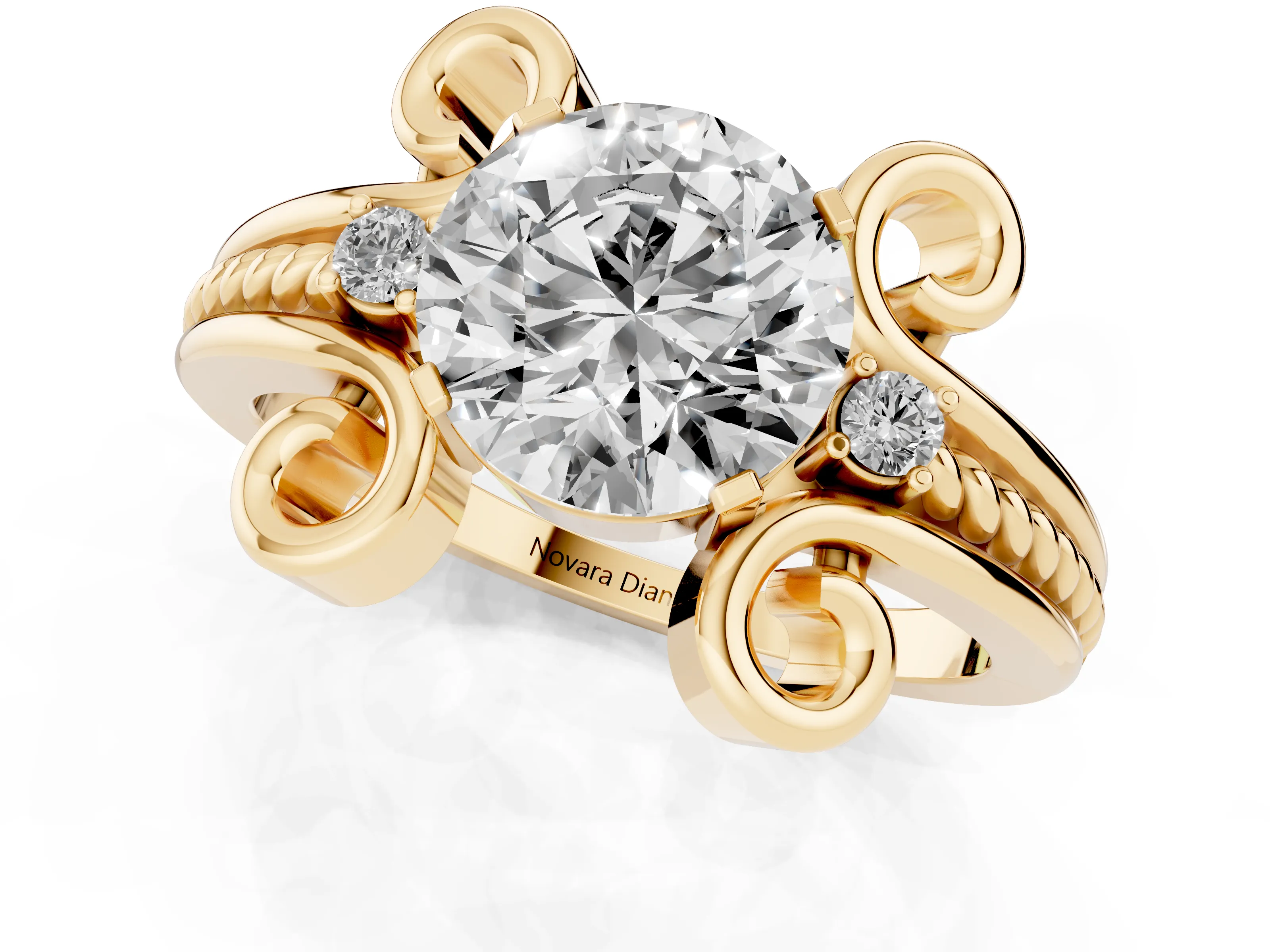 Round Cut Diamond Twisted Band Solitaire Ring Set in Yellow gold with Scroll Prongs