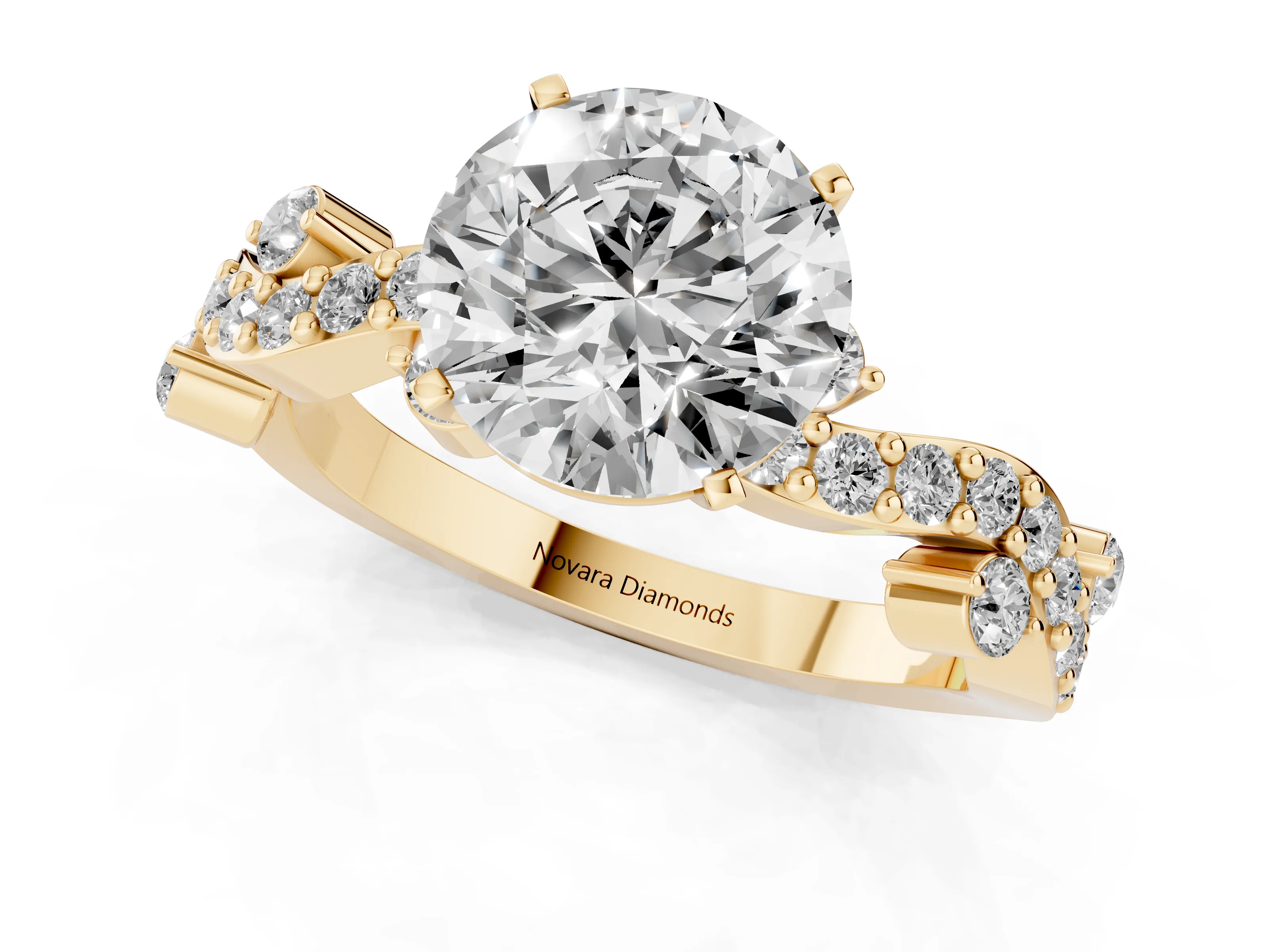 Round Cut Diamond Solitaire Twisted Band Set in Yellow gold with Pavé Setting