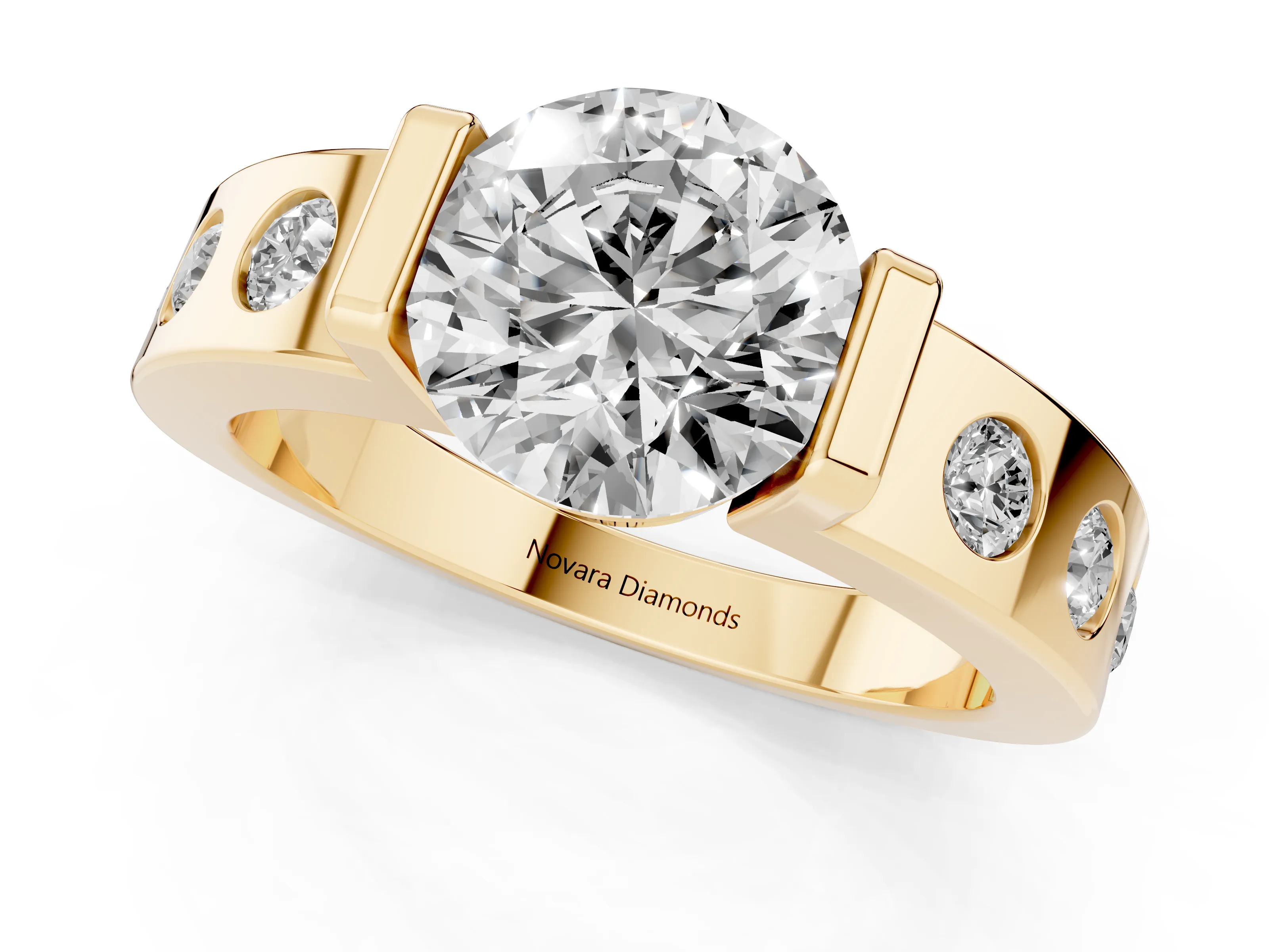 Round Cut Diamond Channel-Set Band Ring Set in Yellow gold with Bezel Prong Setting