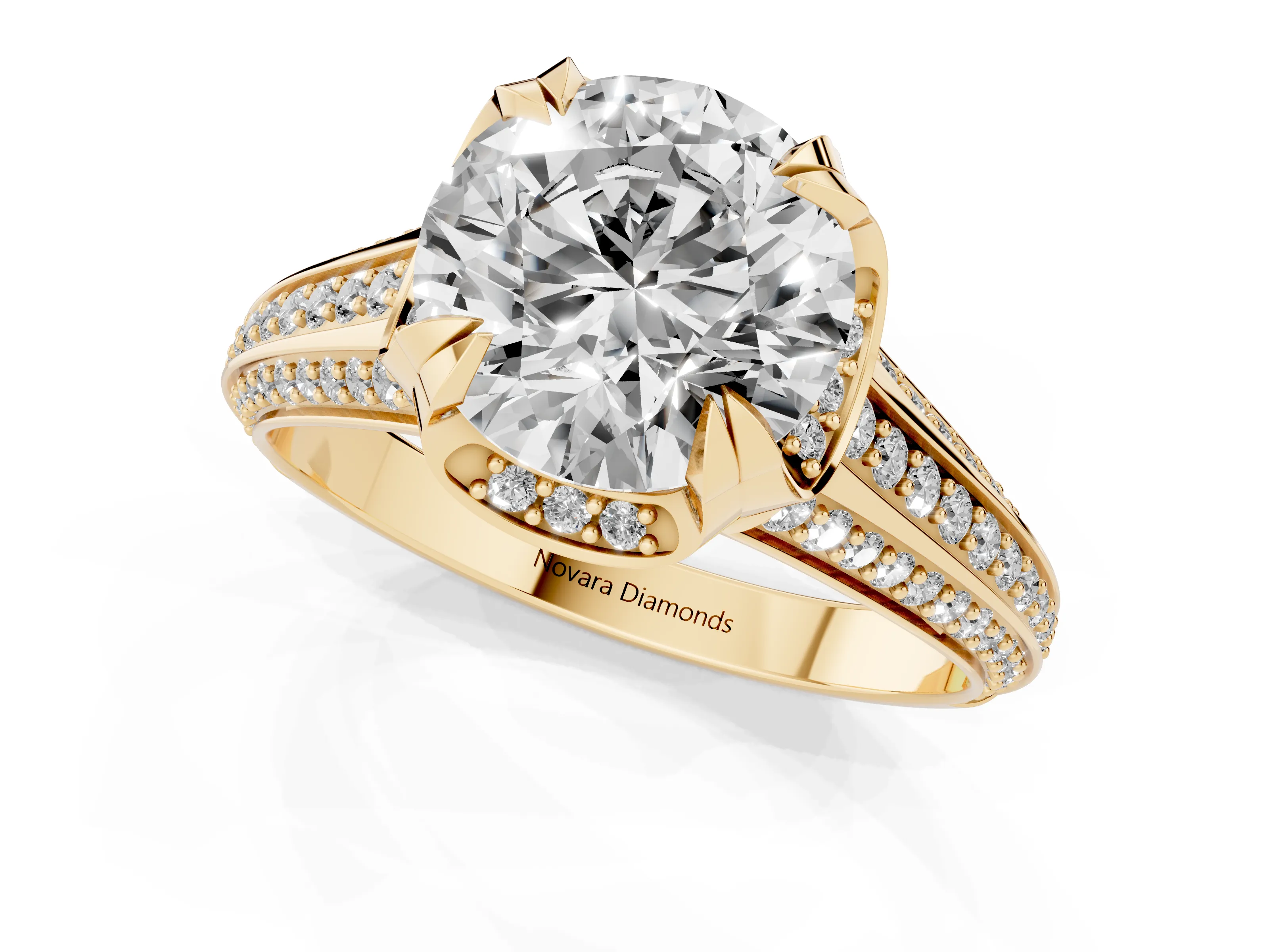 Round Cut Diamond Pavé Split Shank Solitaire Ring Set in Yellow gold with Prong Setting – second view