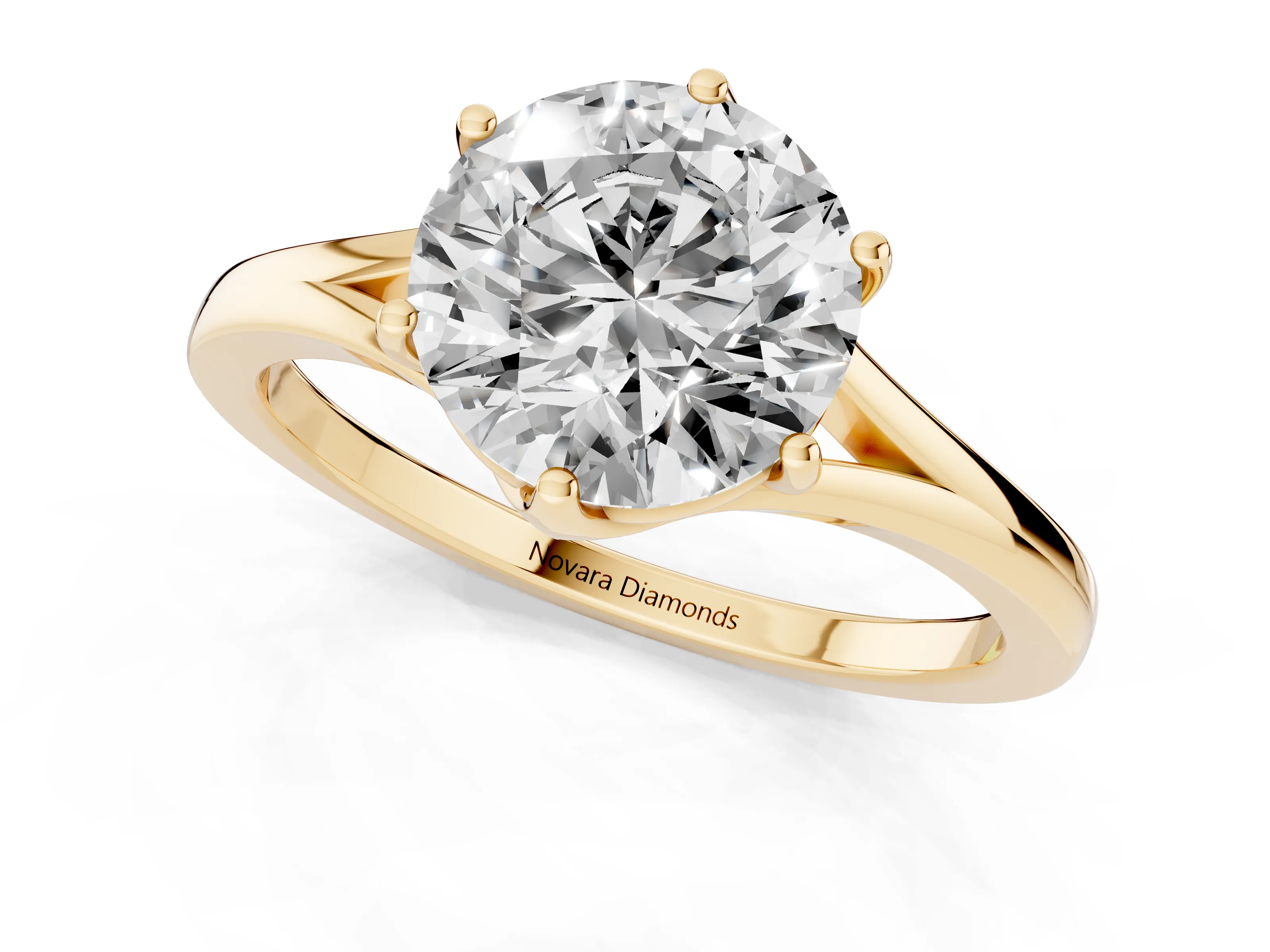 Round Cut Diamond Solitaire Ring Set in Yellow gold with Polished Tapered Band and Prong Setting
