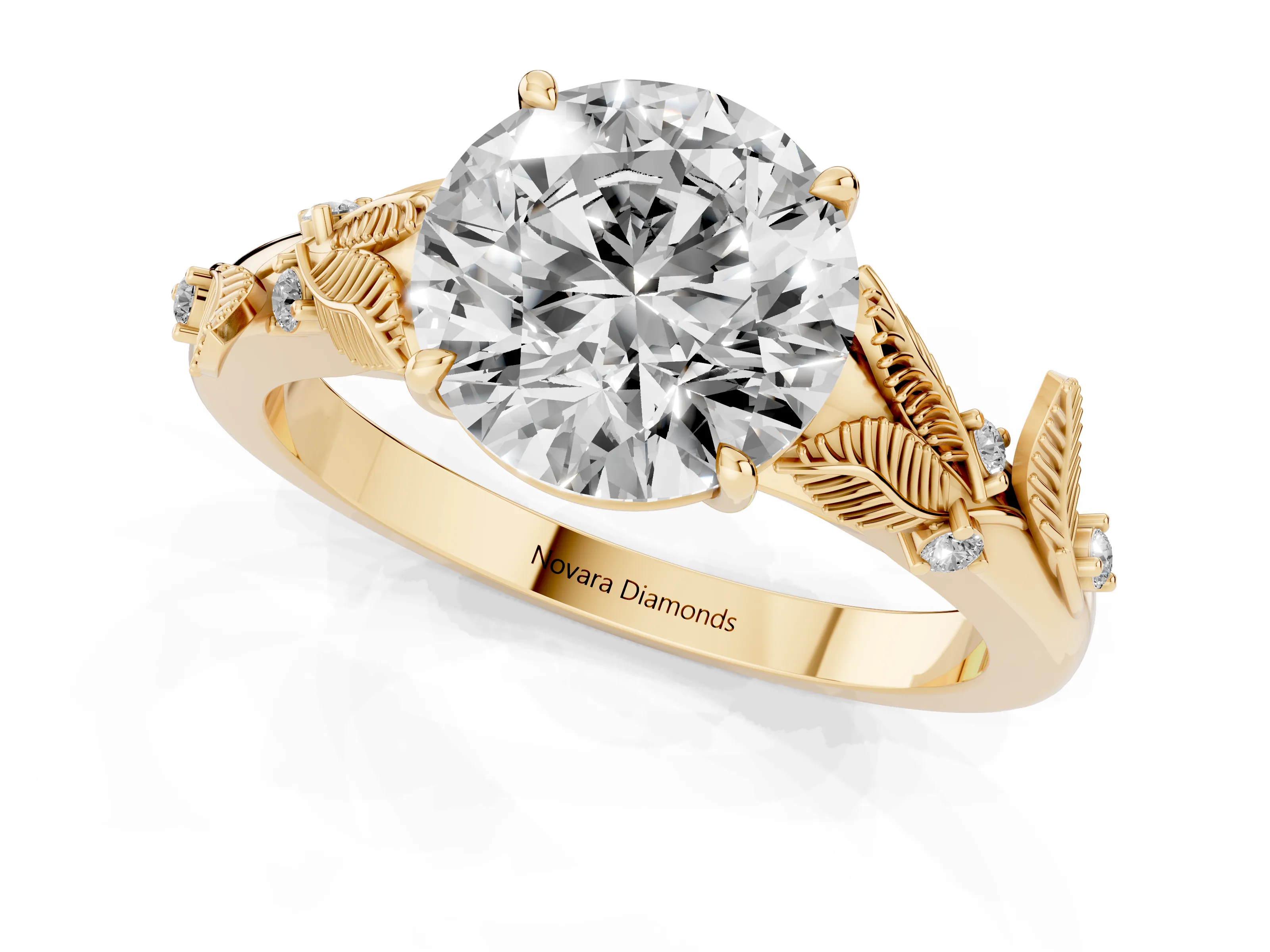 Round Cut Diamond Solitaire Ring Set in Yellow gold with Leaf Motif Band