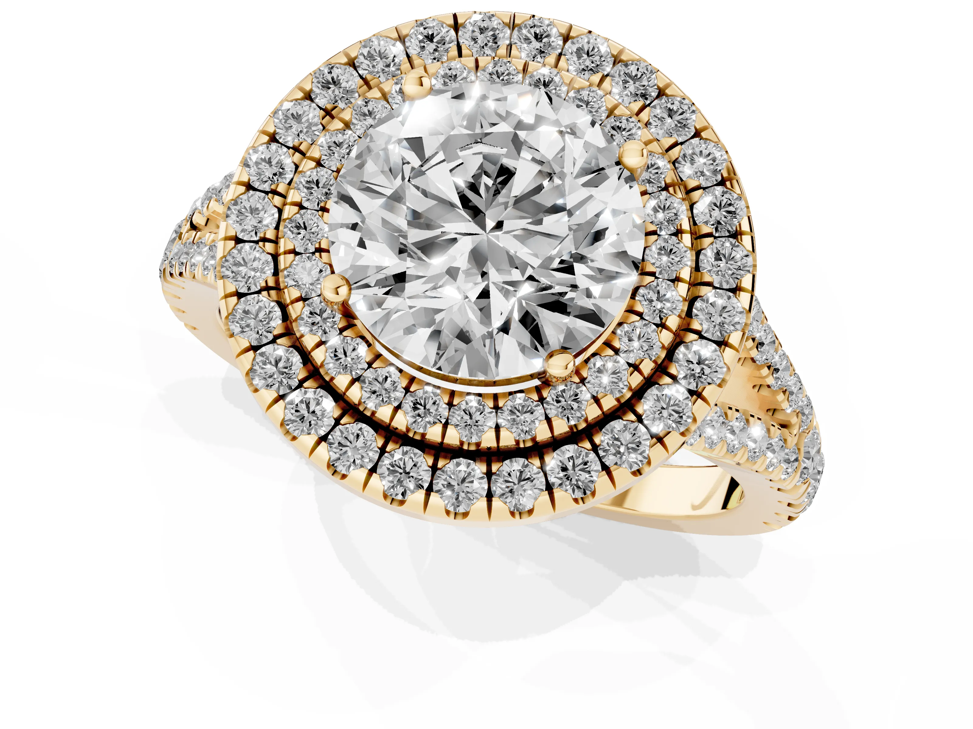 Round Cut Diamond Double Halo Ring Set in Yellow gold with Pavé Band