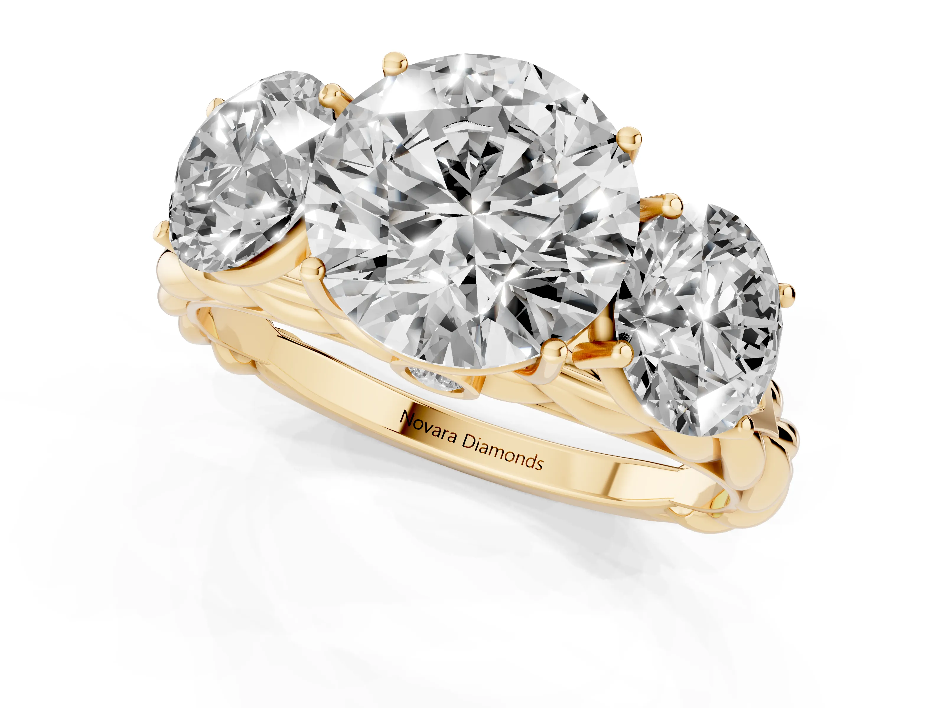 Round Cut Diamond Three-Stone Ring Set in Yellow gold with Braided Band
