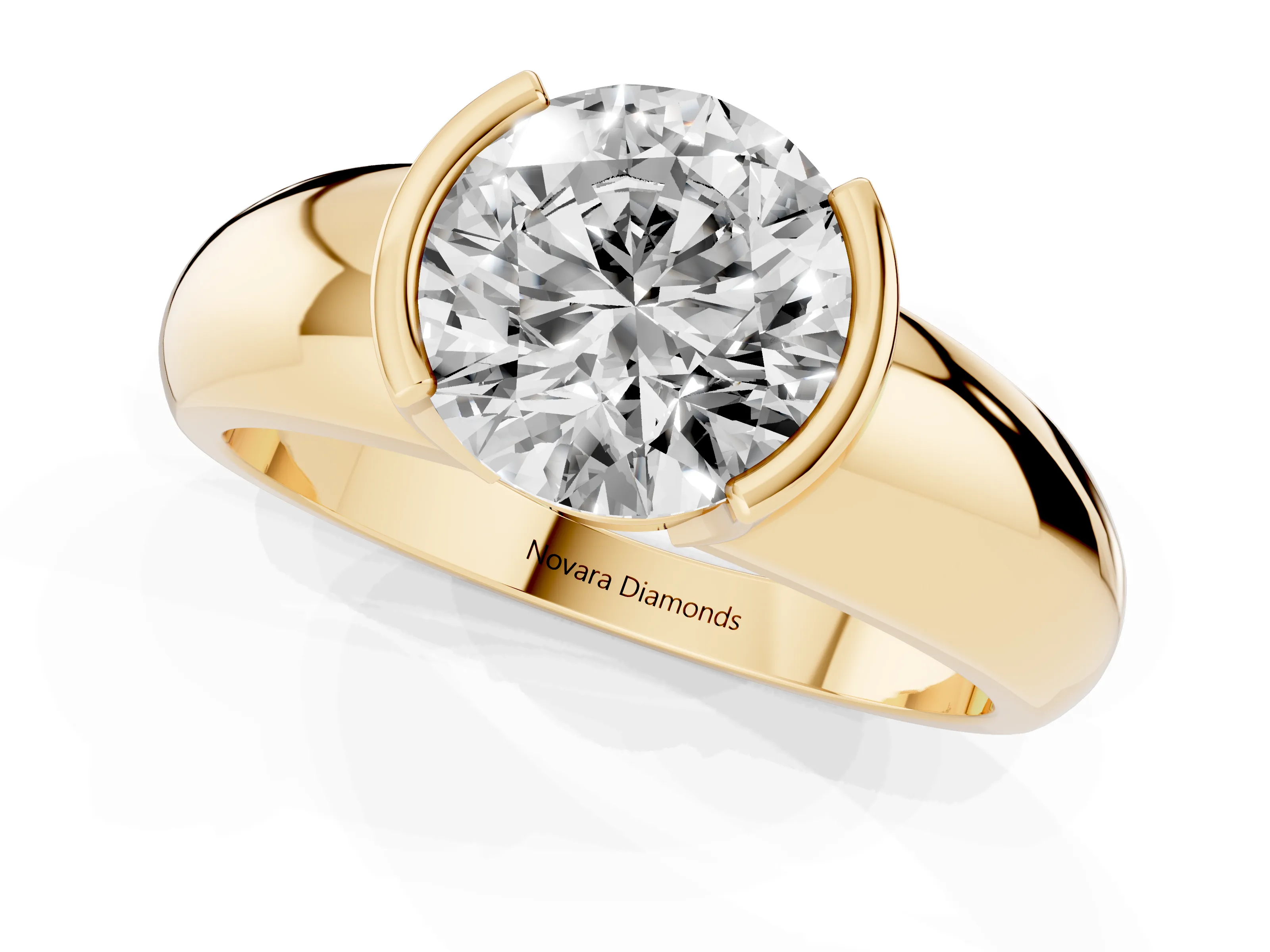 Round Cut Diamond Solitaire Tension Set Ring Set in Yellow gold with Wide Band