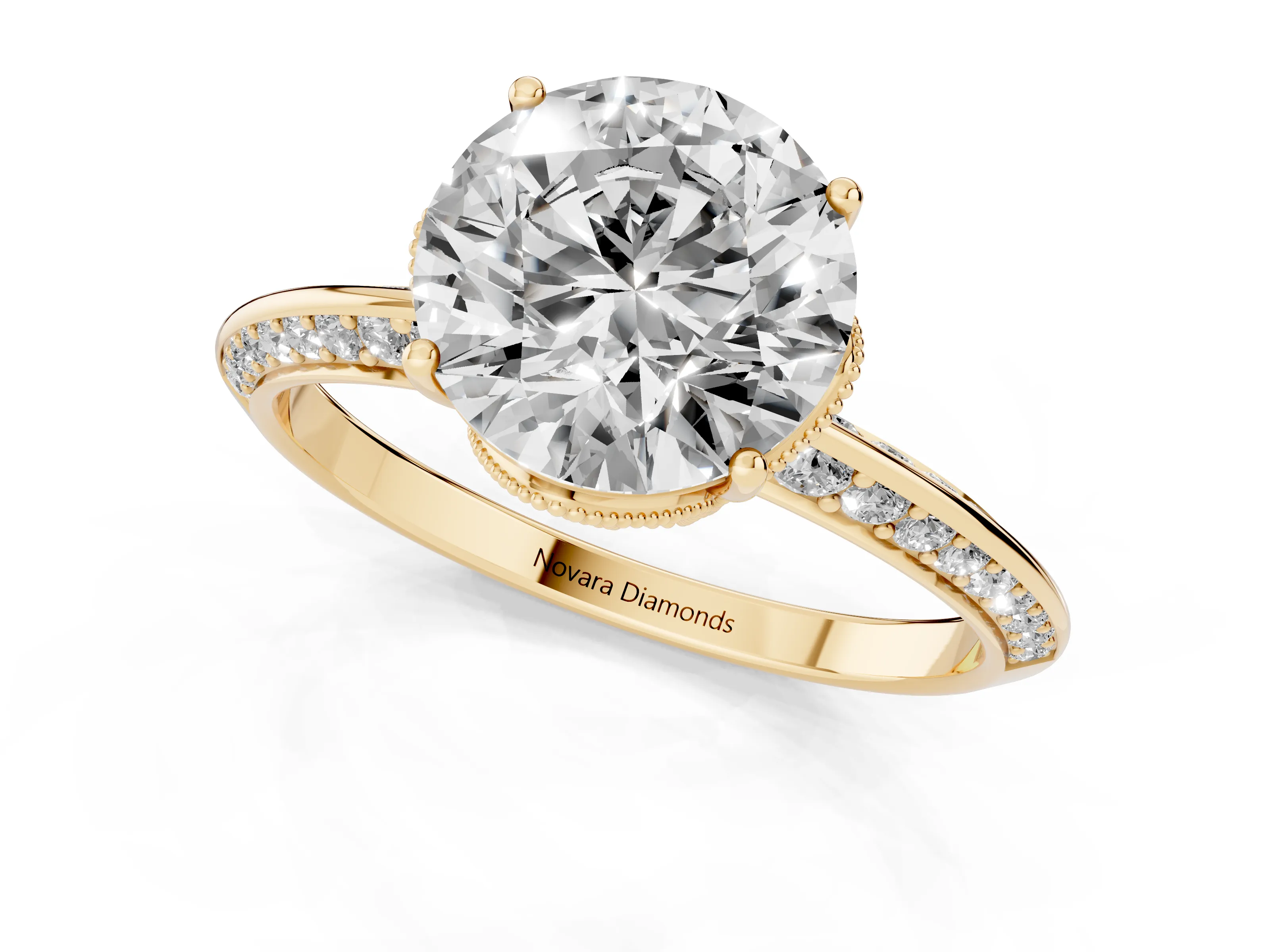 Round Cut Diamond Solitaire Engagement Ring Set in Yellow gold with Pavé Split Shank and Prong Setting
