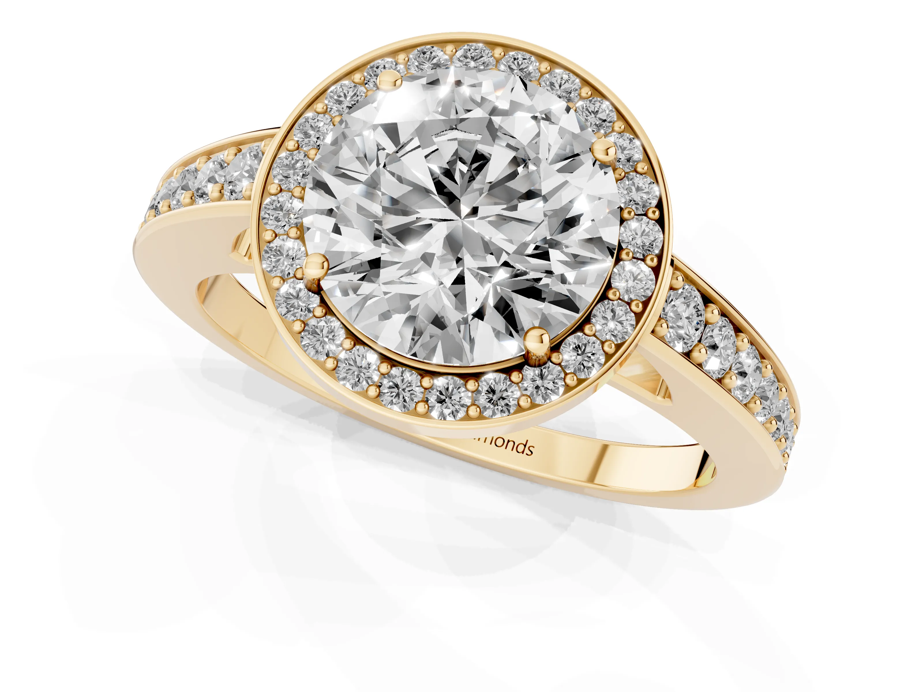 Round Cut Diamond Halo Pavé Engagement Ring Set in Yellow gold with Bezel Setting