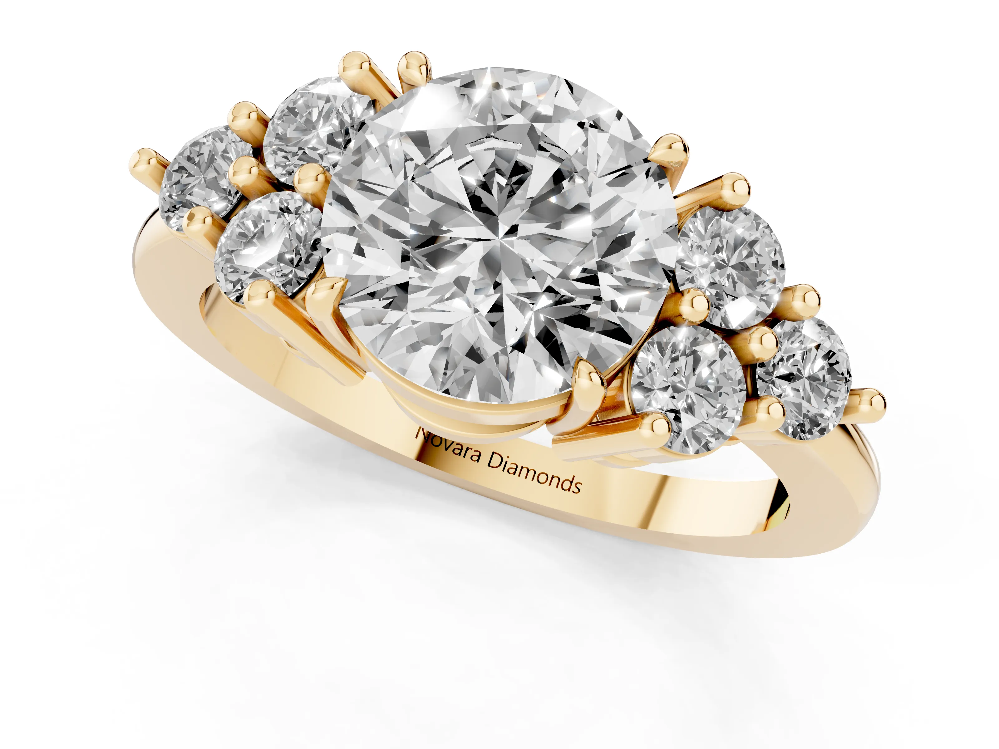 Round Cut Diamond Solitaire Ring Set in Yellow gold with Cluster Accents on Each Side