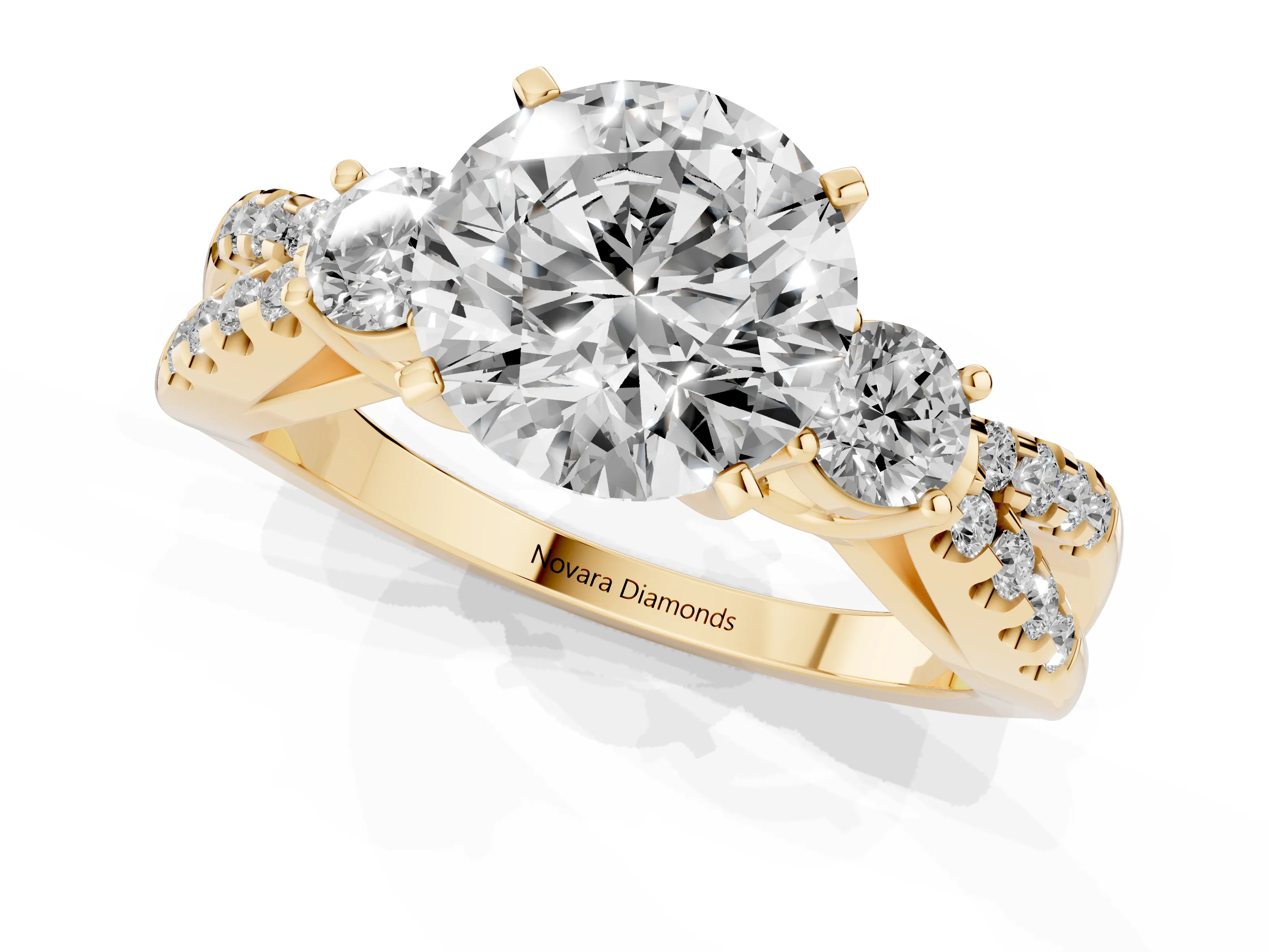Round Cut Diamond Three-Stone Ring Set in Yellow gold with Pavé Split Shank and Prong Setting