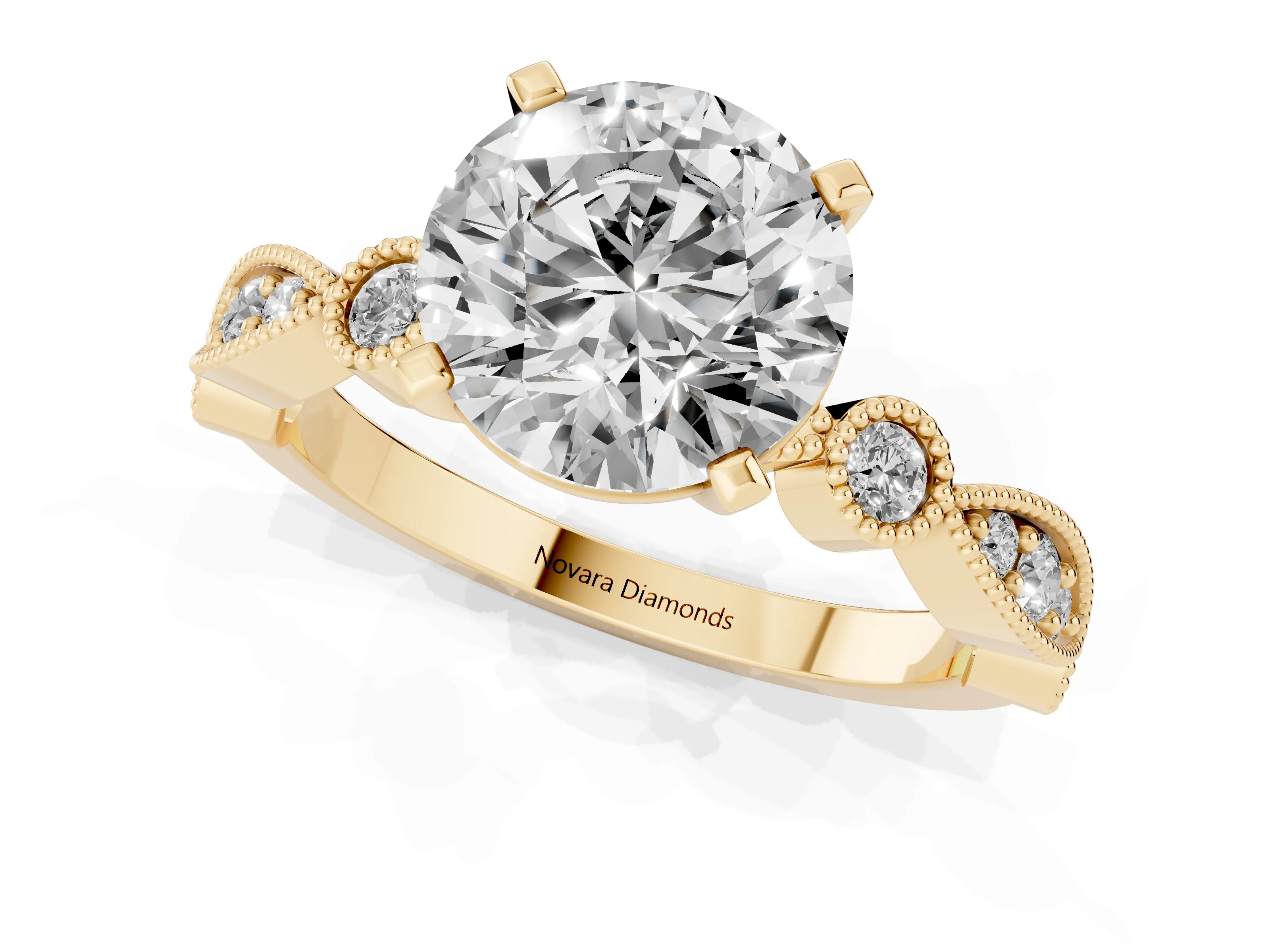 Round Cut Diamond Solitaire Engagement Ring Set in Yellow gold with Milgrain Bezel Accent Band