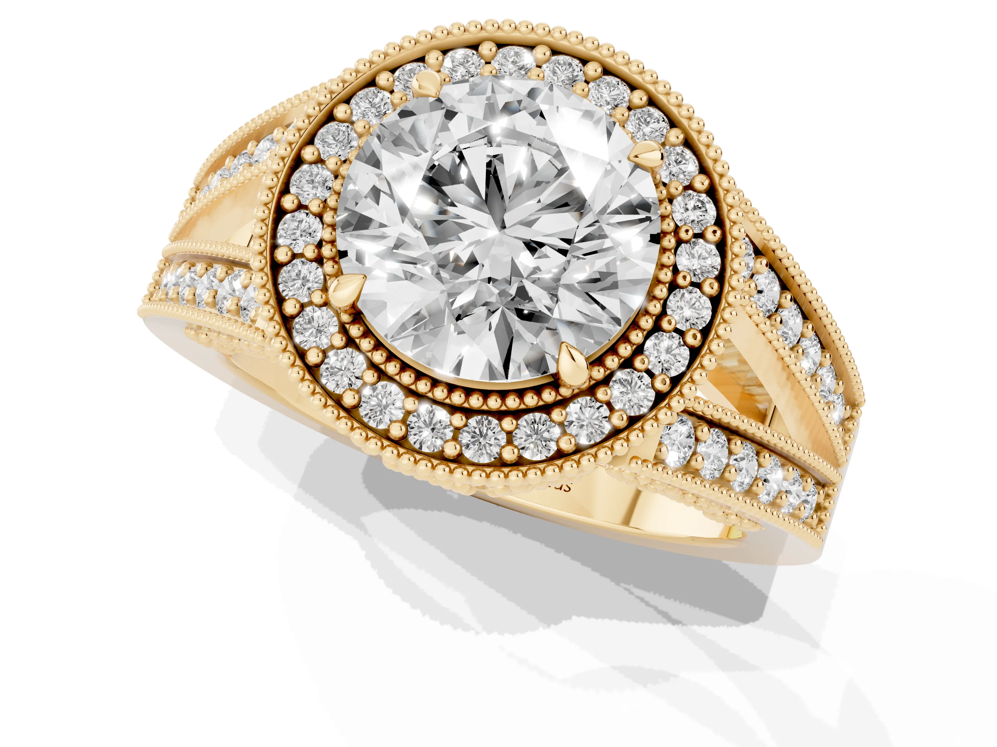 Round Cut Diamond Halo Ring Set in Yellow gold with Stone-Set Split Shank and Milgrain Edges
