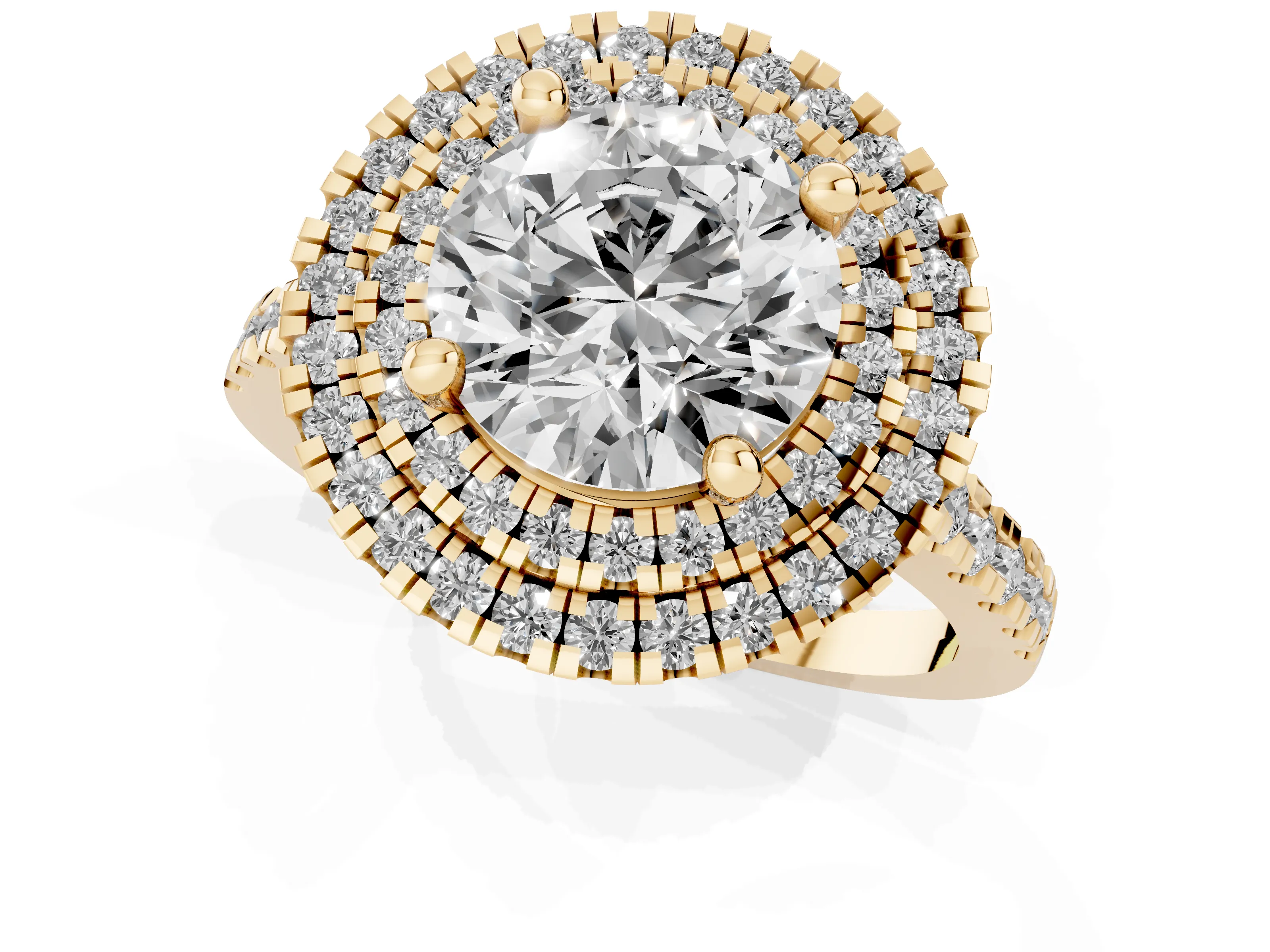 Round Cut Diamond Double Halo Statement Ring Set in Yellow gold with Pavé Band