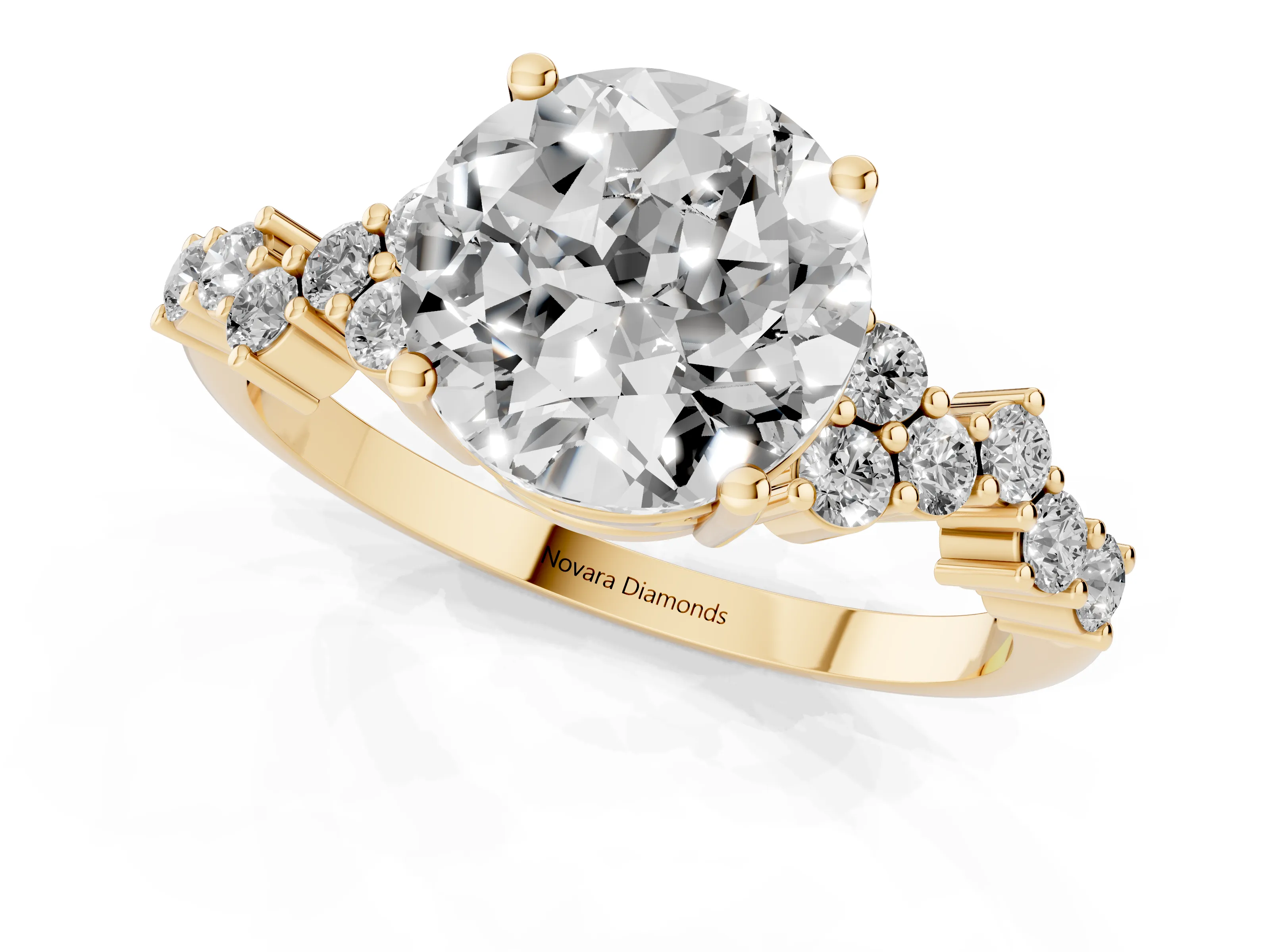 Round Cut Diamond Ring Set in Yellow gold with Scattered Round Accents