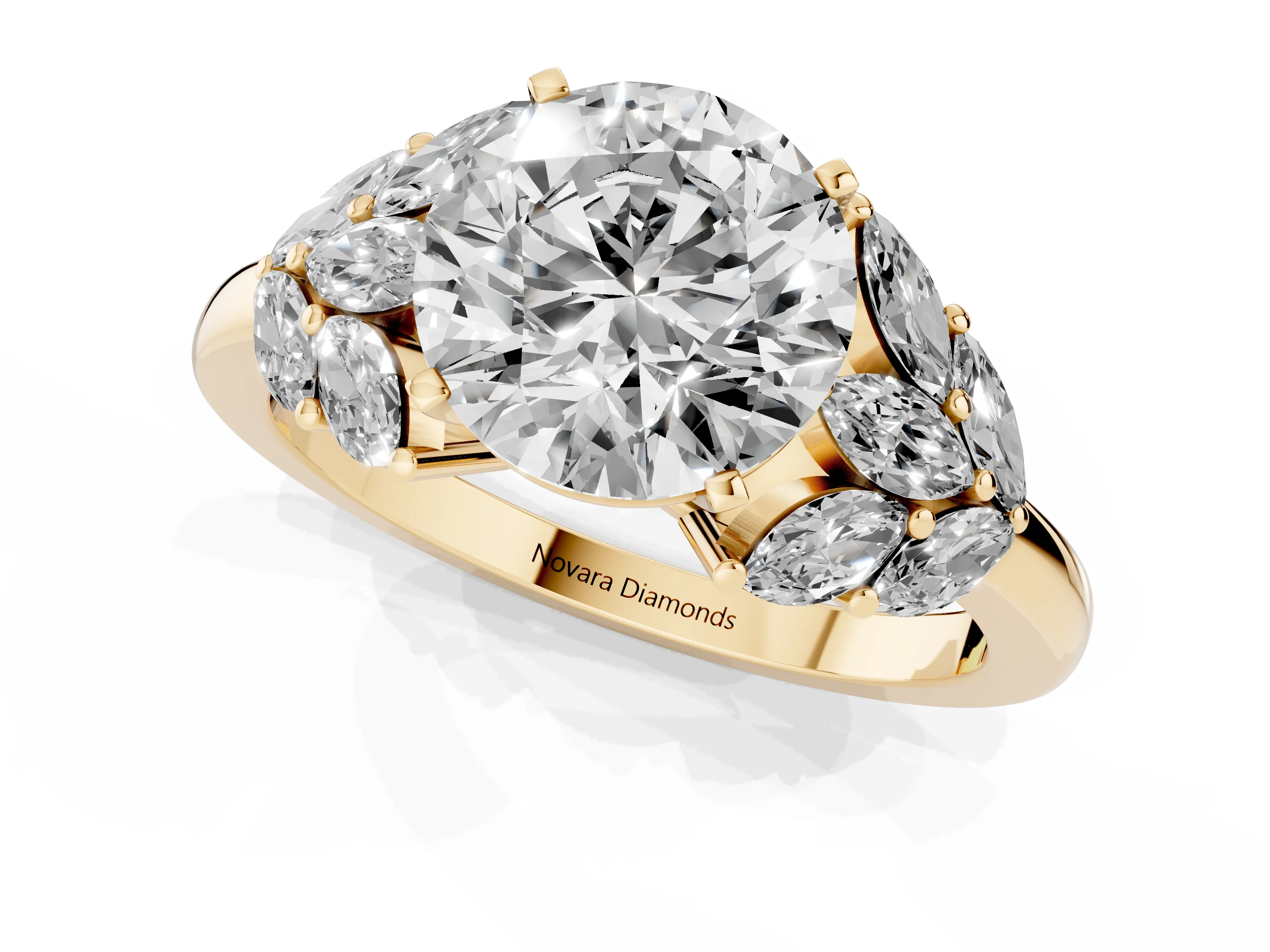 Round Cut Diamond Cluster Leaf Design Ring Set in Yellow gold with Prong Setting