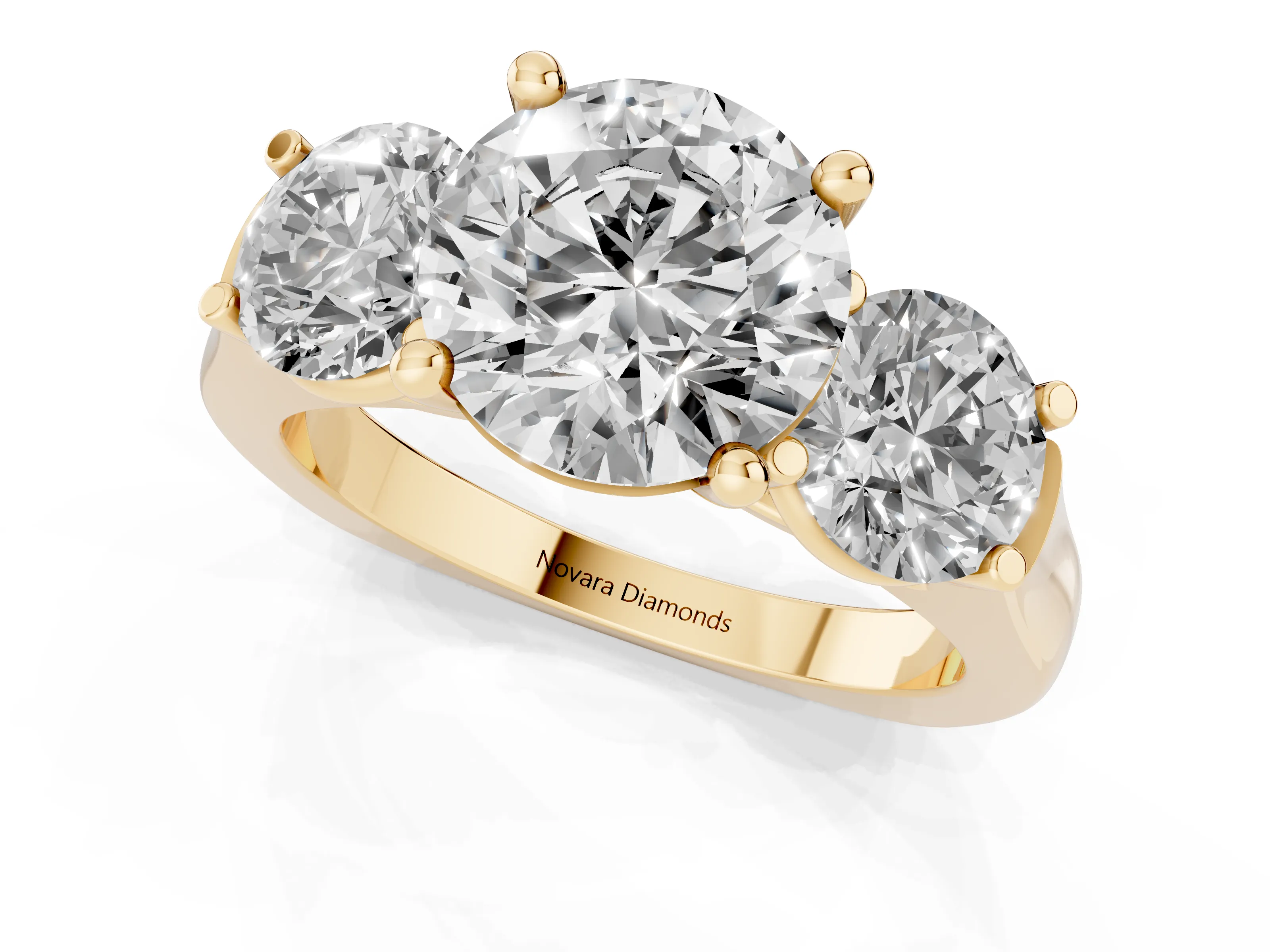 Round Cut Diamond Three-Stone Trellis Ring Set in Yellow gold with Comfort Fit Band