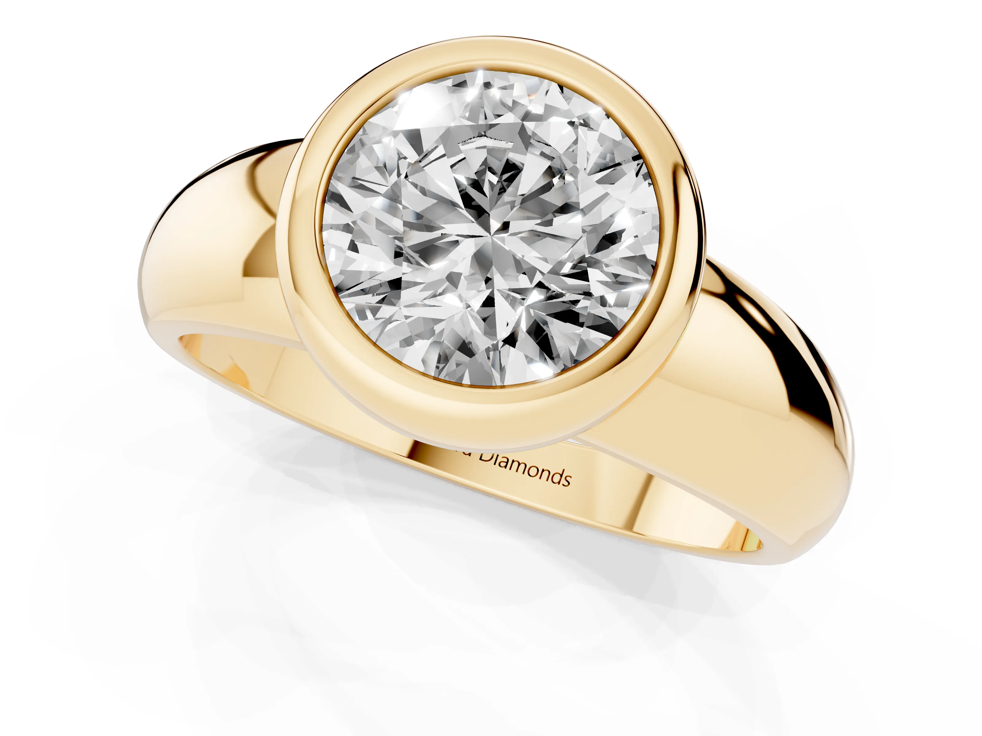 Bezel Set Round Cut Diamond Solitaire Ring Set in Yellow gold with Wide Band