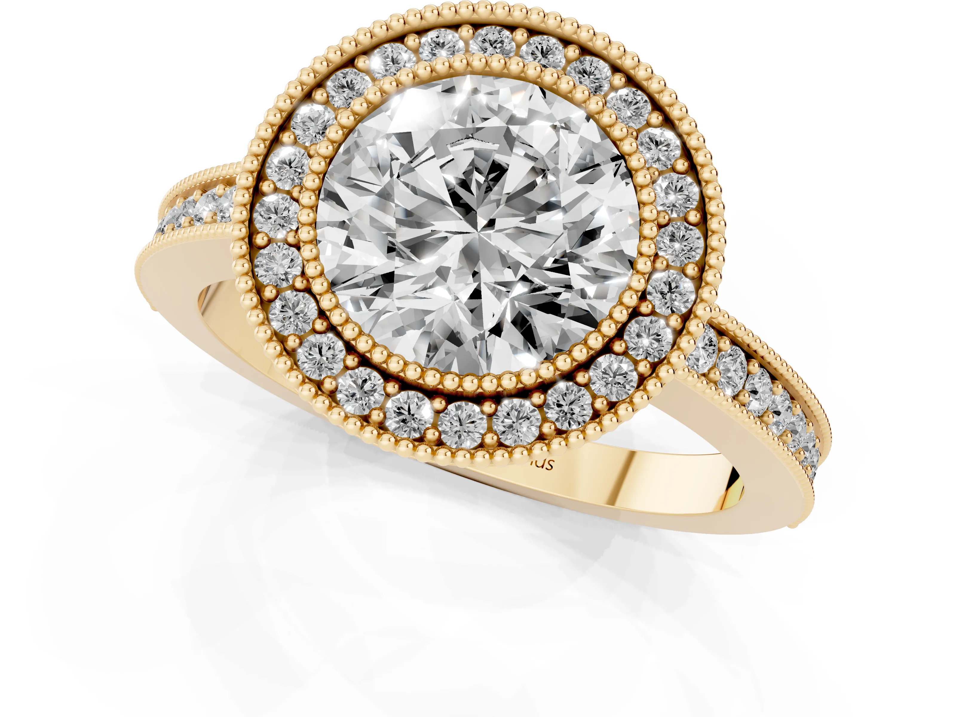 Round Cut Diamond Round Halo Ring Set in Yellow gold with Pavé Band