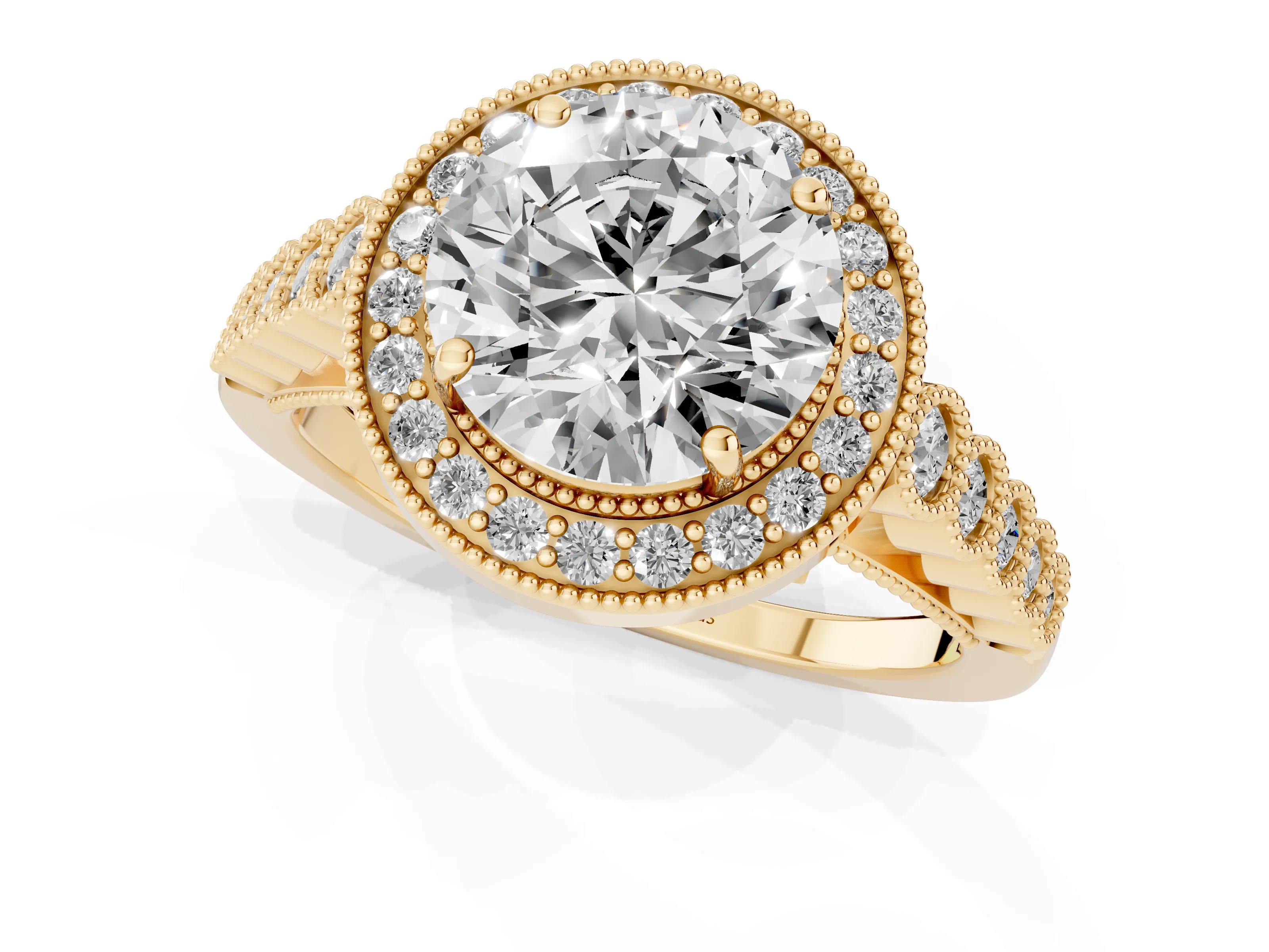 Round Cut Diamond Milgrain Halo Solitaire Ring Set in Yellow gold with Bezel Set Side Stones and Pavé Band