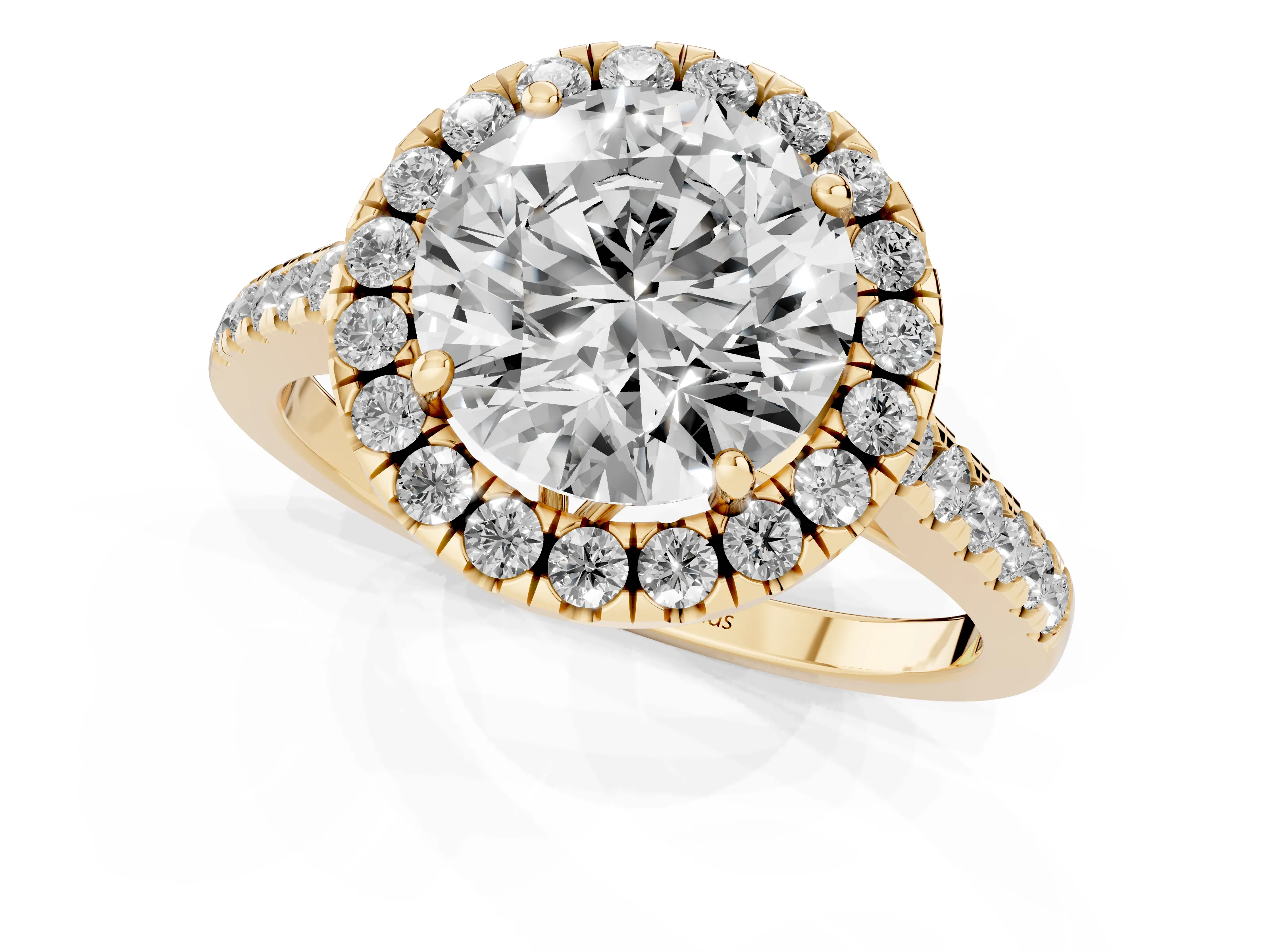 Round Cut Diamond Pavé Halo Engagement Ring Set in Yellow gold with Pavé Band and Prong Setting
