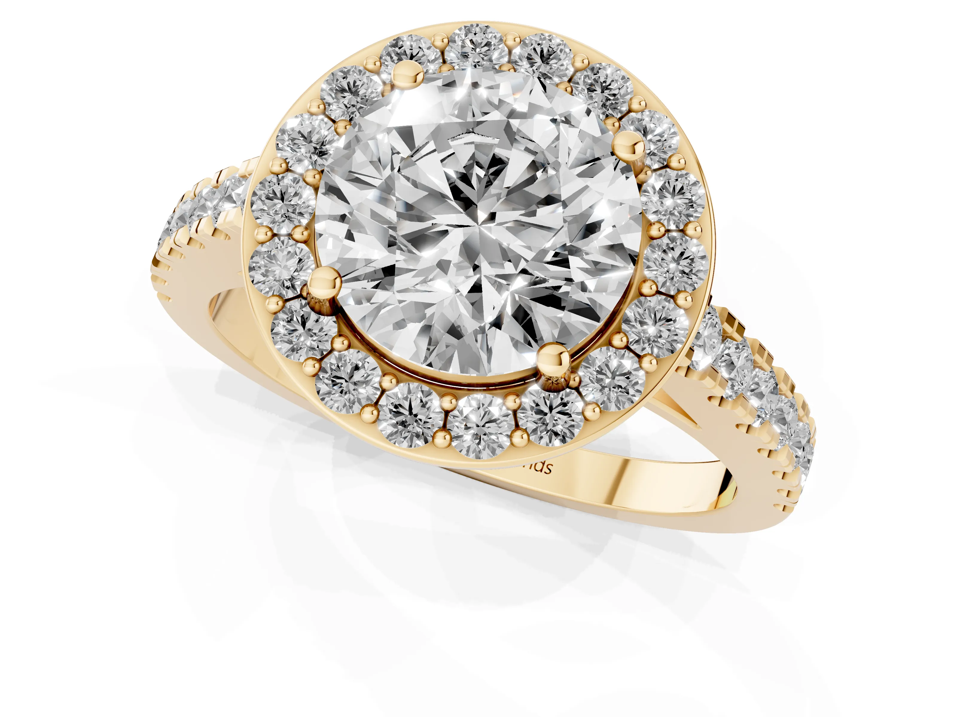 Round Cut Diamond Halo Ring Set in Yellow gold with Round Pavé Split Shank and Prong Setting