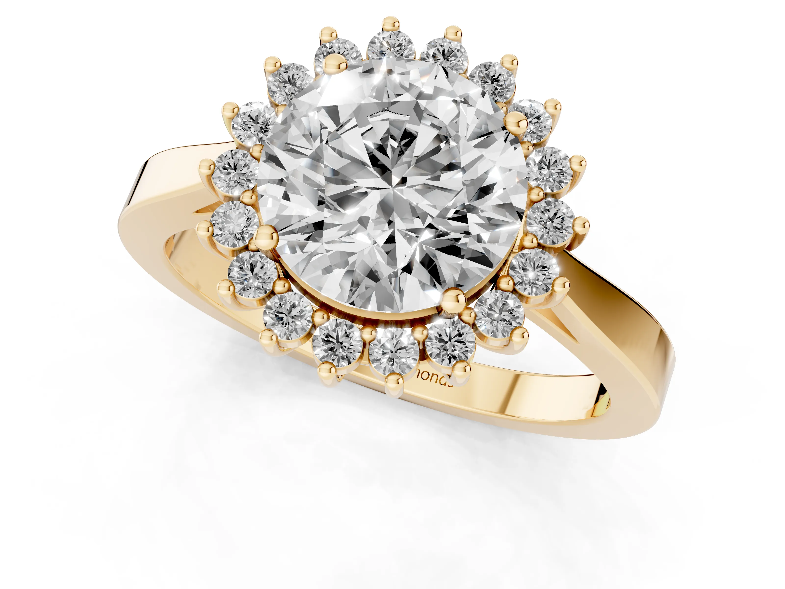 Round Cut Diamond Halo Ring Set in Yellow gold with Round Halo and Smooth Solitaire Band