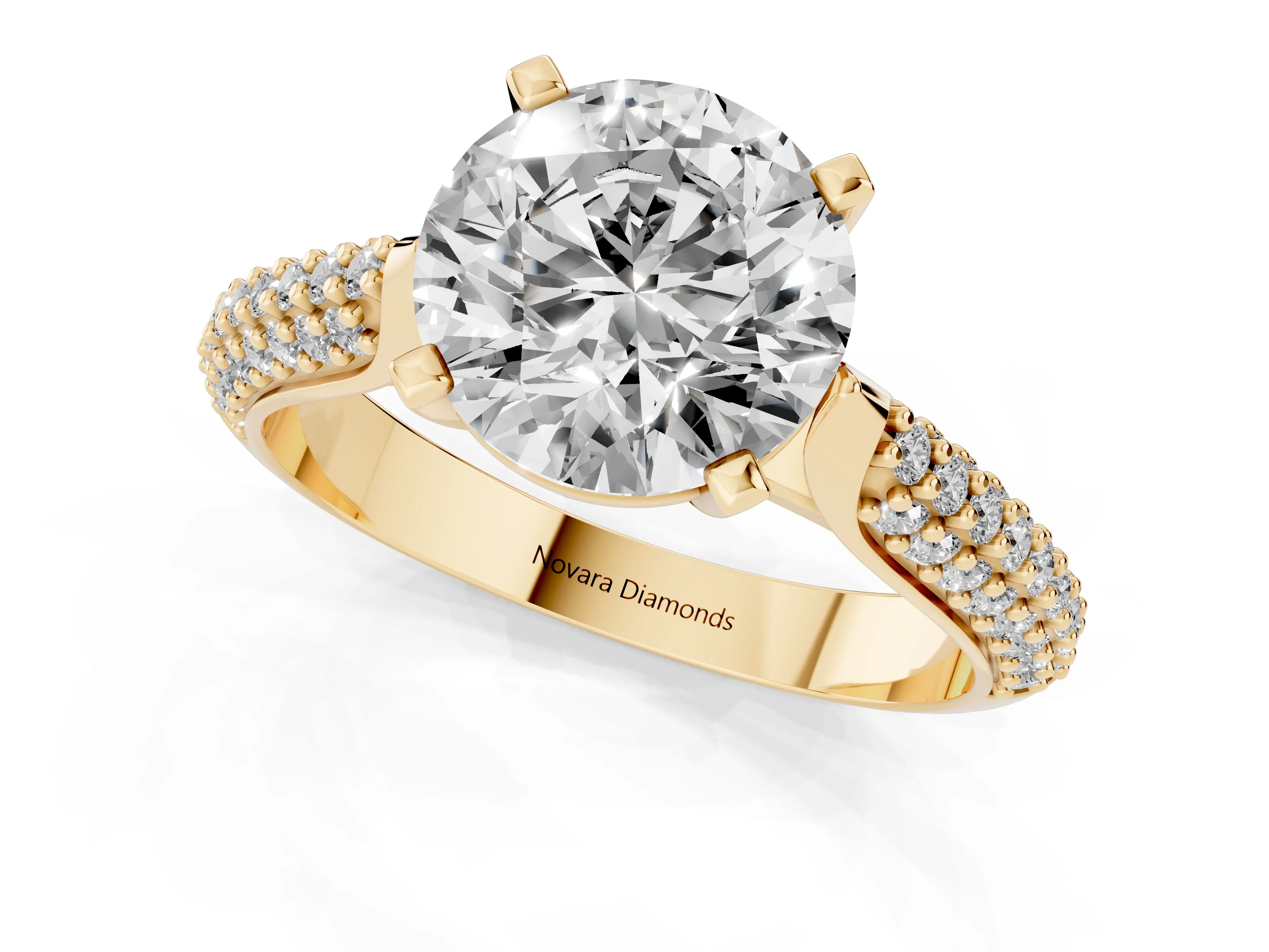 Round Cut Diamond Solitaire Engagement Ring Set in Yellow gold with Multi-Row Round Pavé Band and Prong Setting