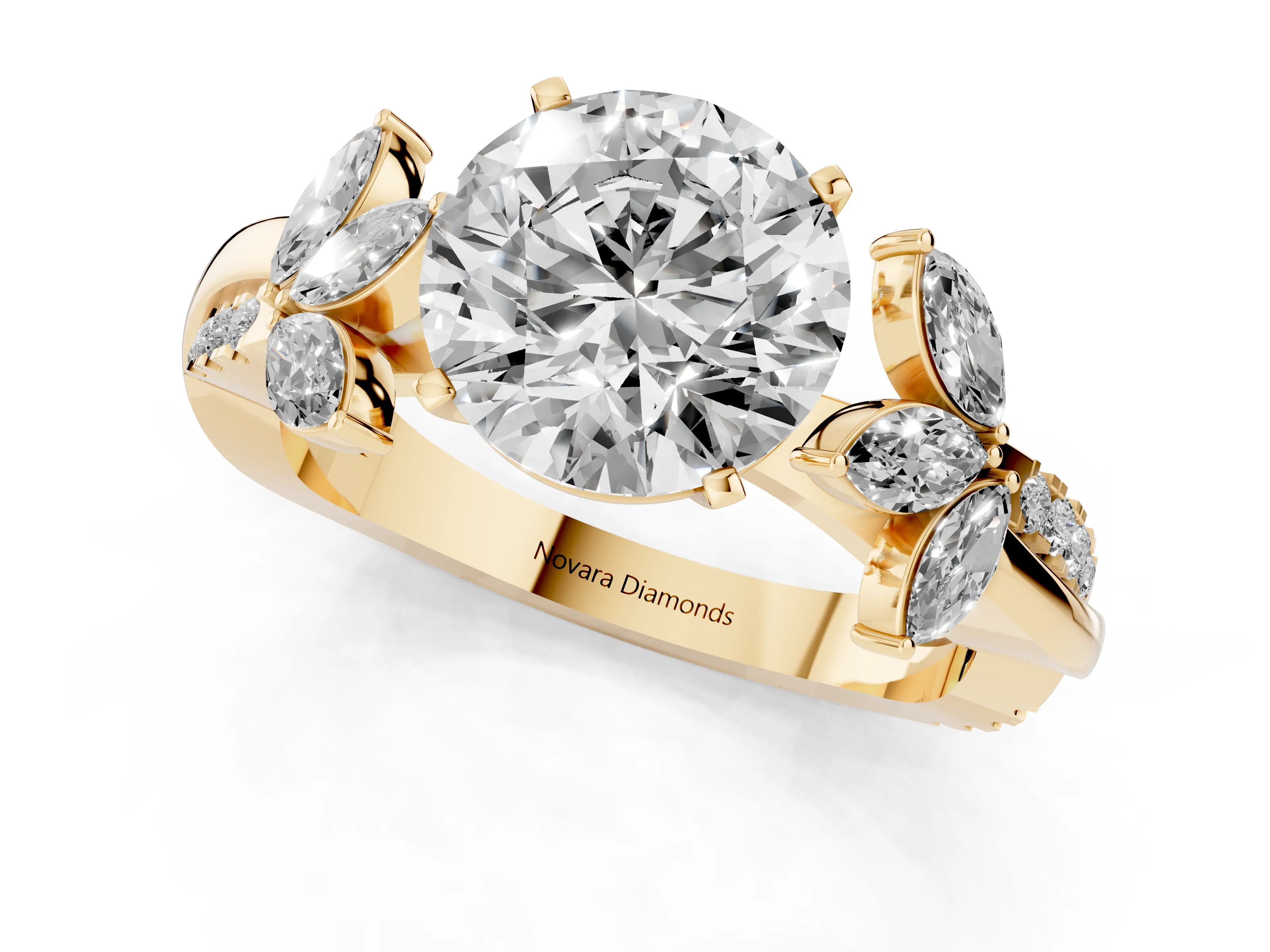 Round Cut Diamond Floral Vine Solitaire Engagement Ring Set in Yellow gold with Marquise Leaves