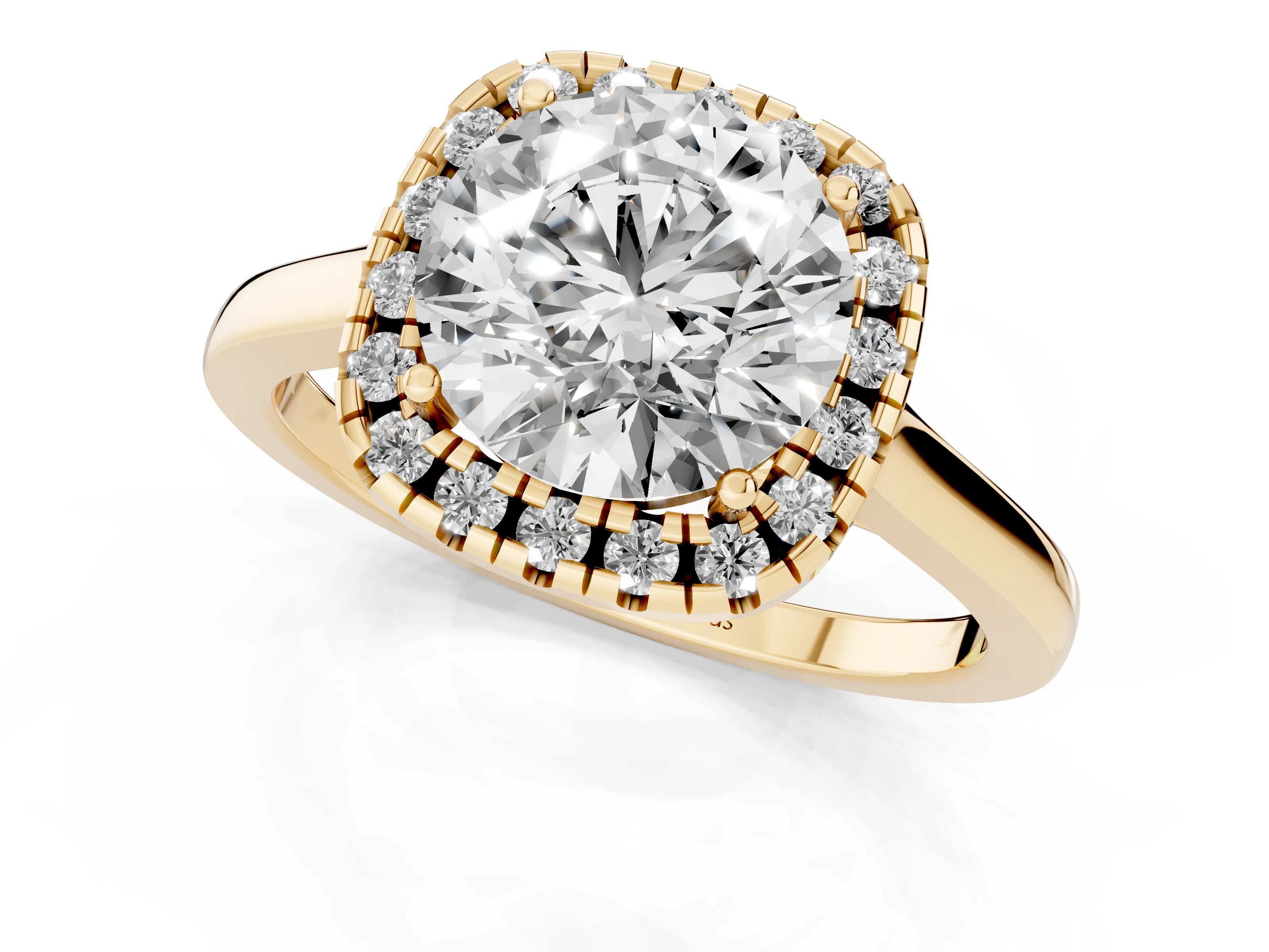 Round Cut Halo Round Diamond Solitaire Ring Set in Yellow gold with Pavé Band and Prong Setting