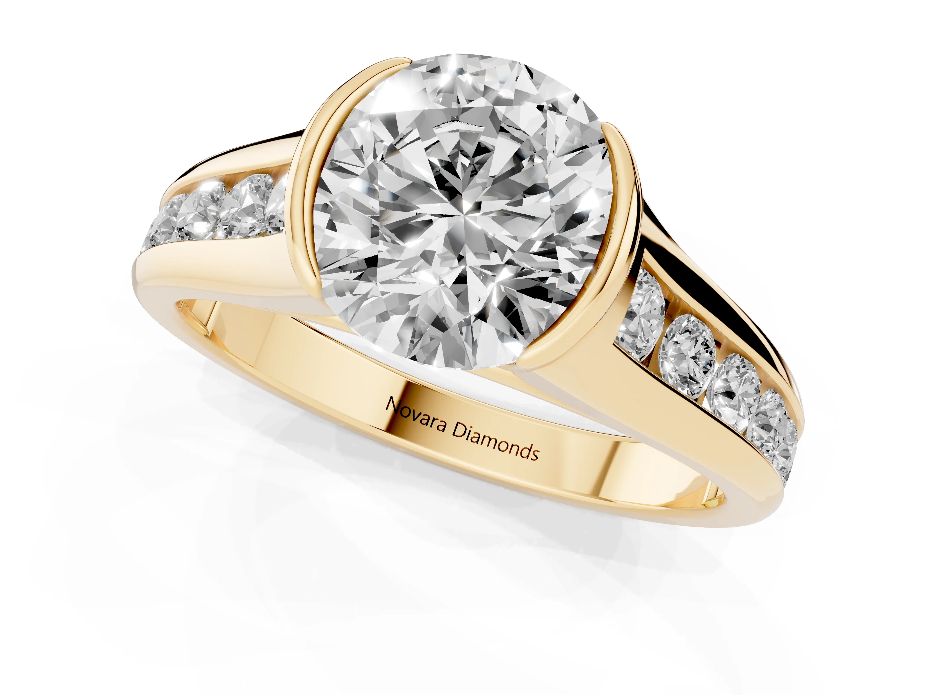 Round Cut Diamond Bezel-Set Solitaire Ring Set in Yellow gold with Channel-Set Band