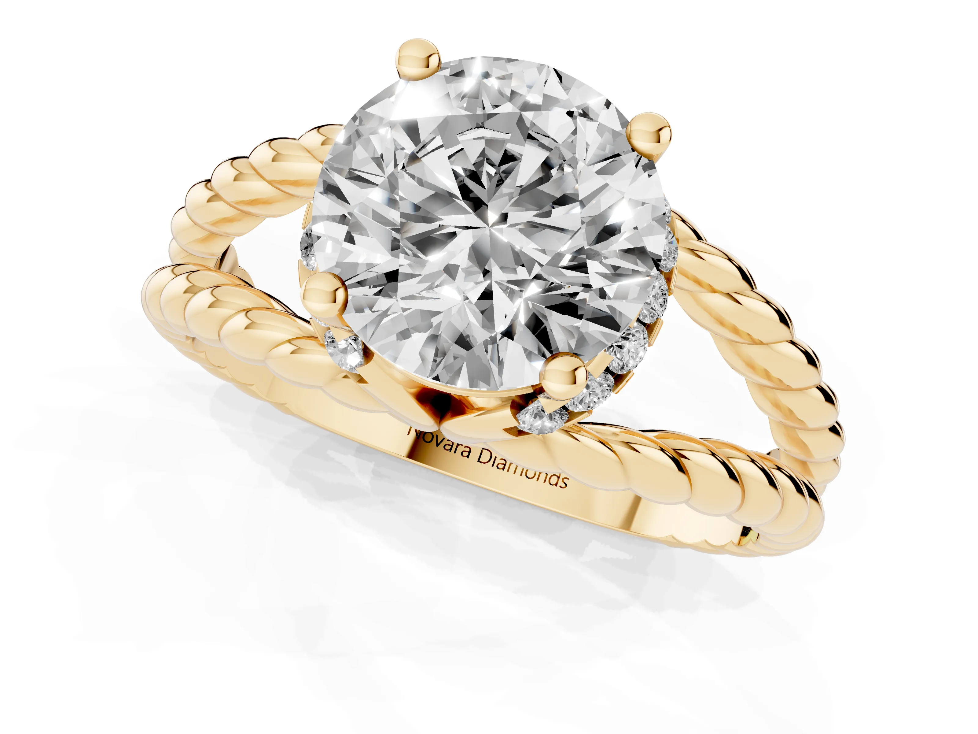 Round Cut Diamond Halo Ring Set in Yellow gold with Twisted Band and Prong Setting