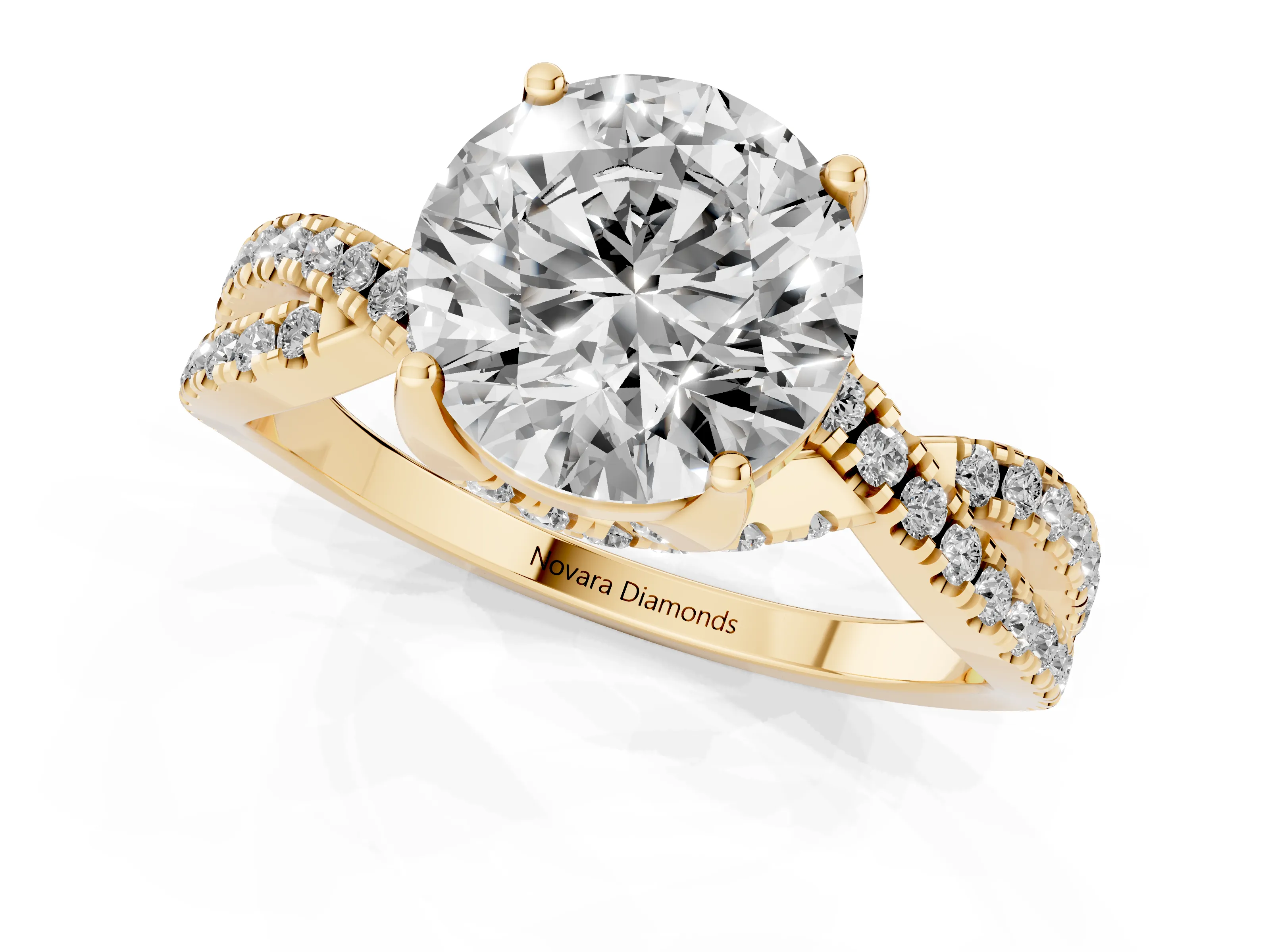 Round Cut Diamond Twist Pavé Solitaire Engagement Ring Set in Yellow gold with Prong Setting