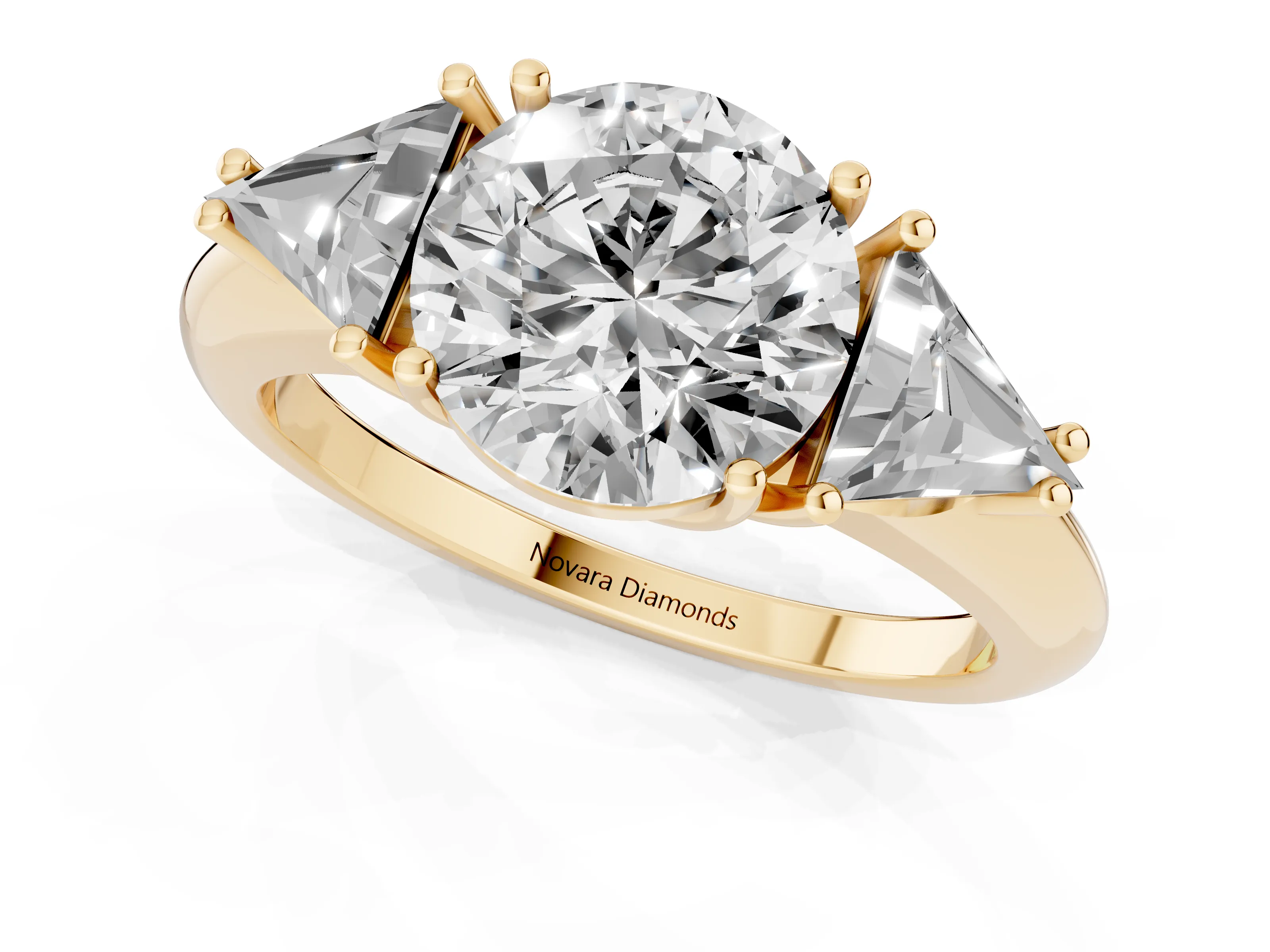 Round Cut Diamond Three-Stone Engagement Ring Set in Yellow gold with Trillion Side Stones