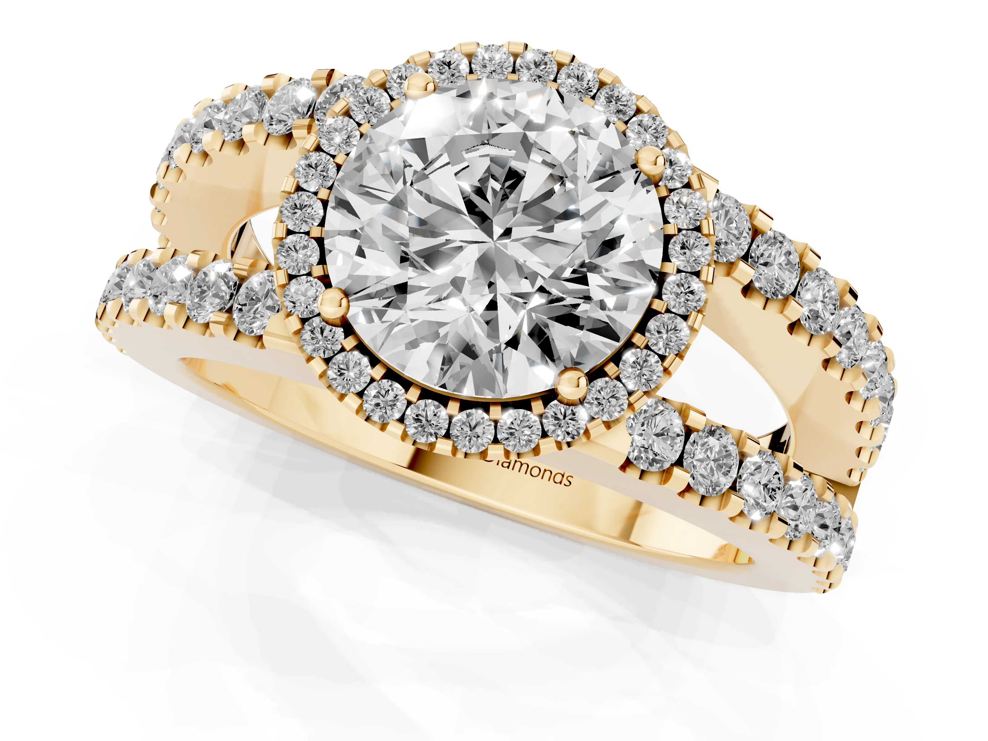 Round Cut Diamond Halo Ring Set in Yellow gold with Pavé Split Shank and Prong Setting