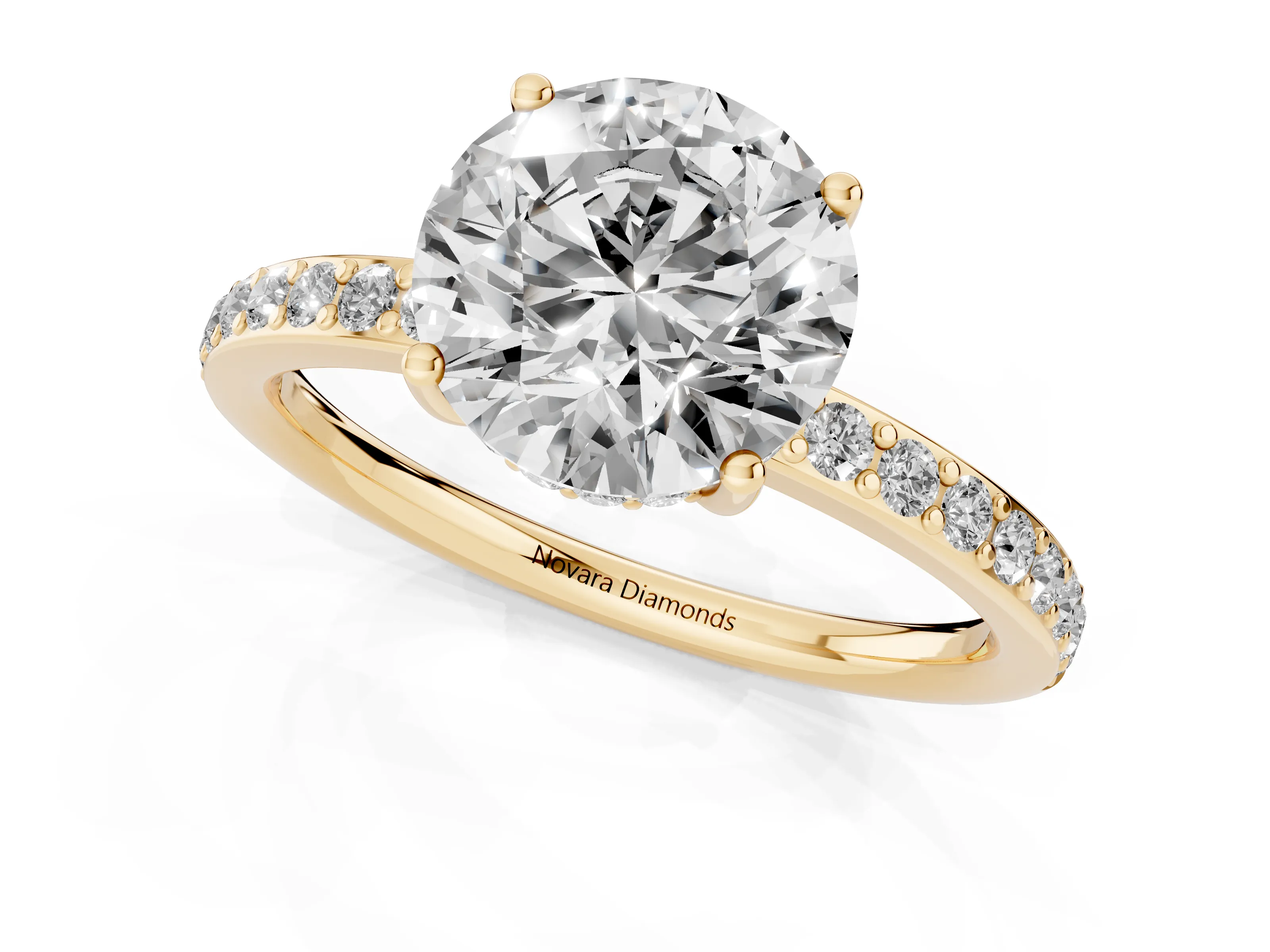 Round Cut Diamond Pavé Band Ring Set in Yellow gold with Prong-Set Center Stone