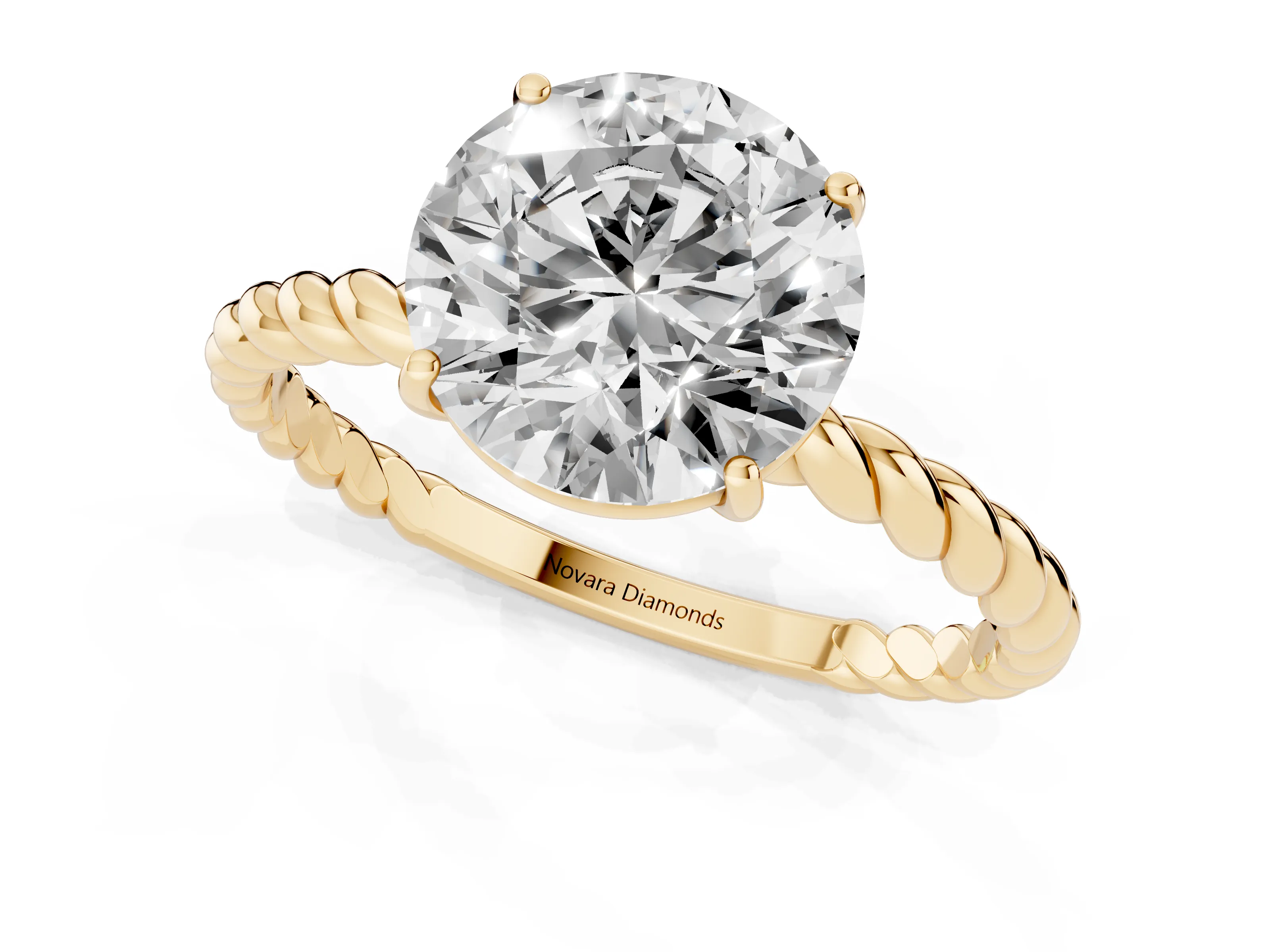 Round Cut Diamond Solitaire Ring Set in Yellow gold with Twist Band and Prong Setting