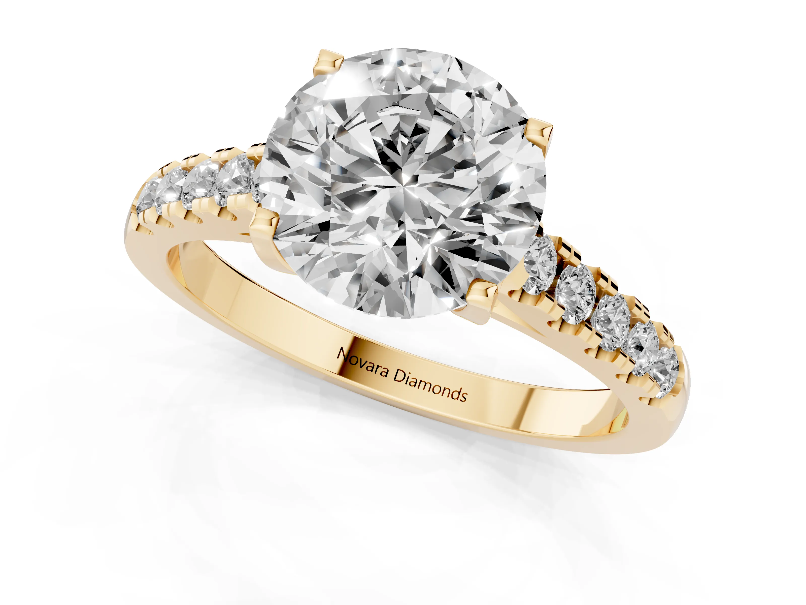 Round Cut Diamond Pavé Band Solitaire Ring Set in Yellow gold with Partway Accent Stones and Prong Setting