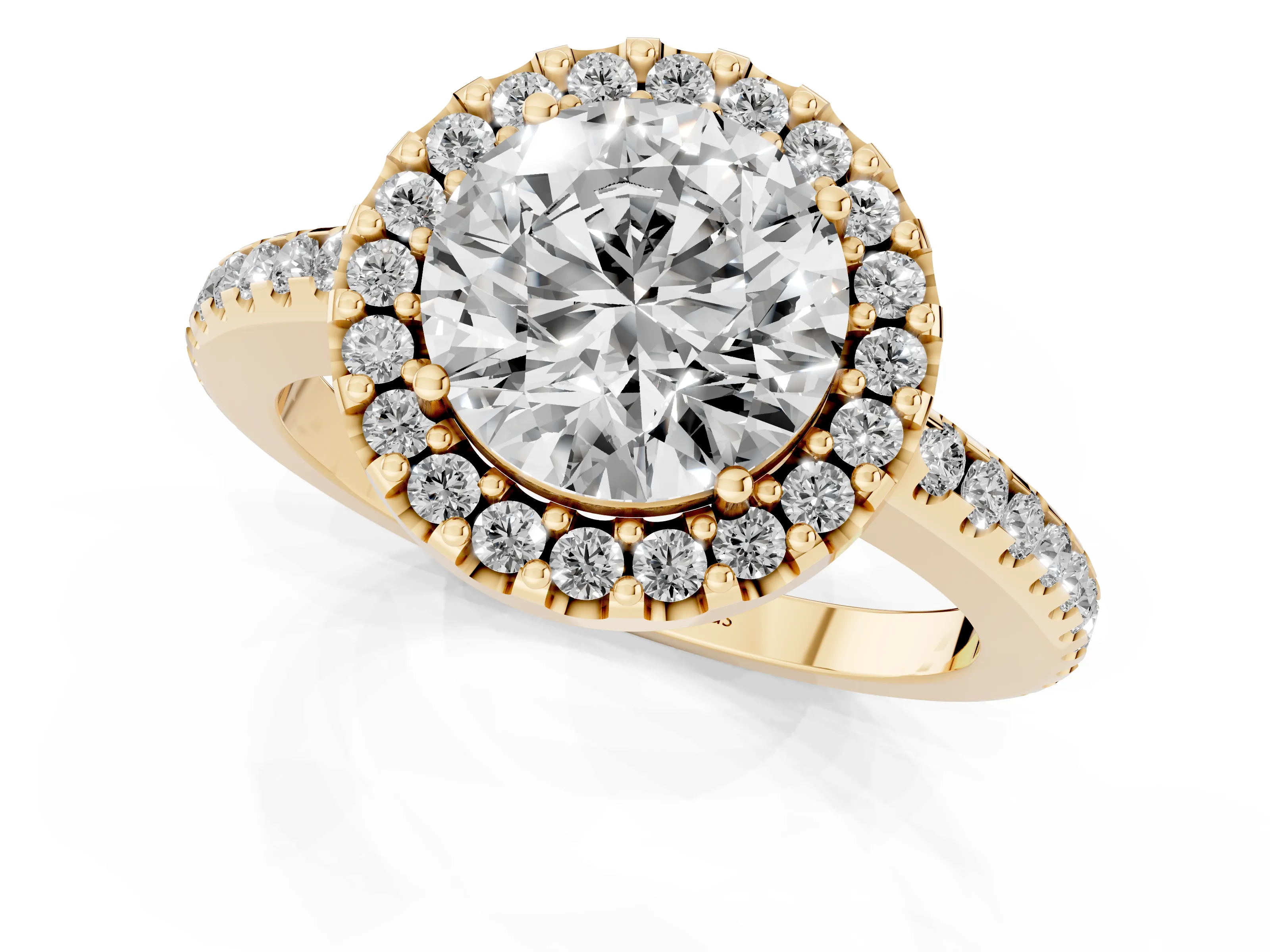 Round Cut Diamond Pavé Halo Ring Set in Yellow gold with Prong Setting