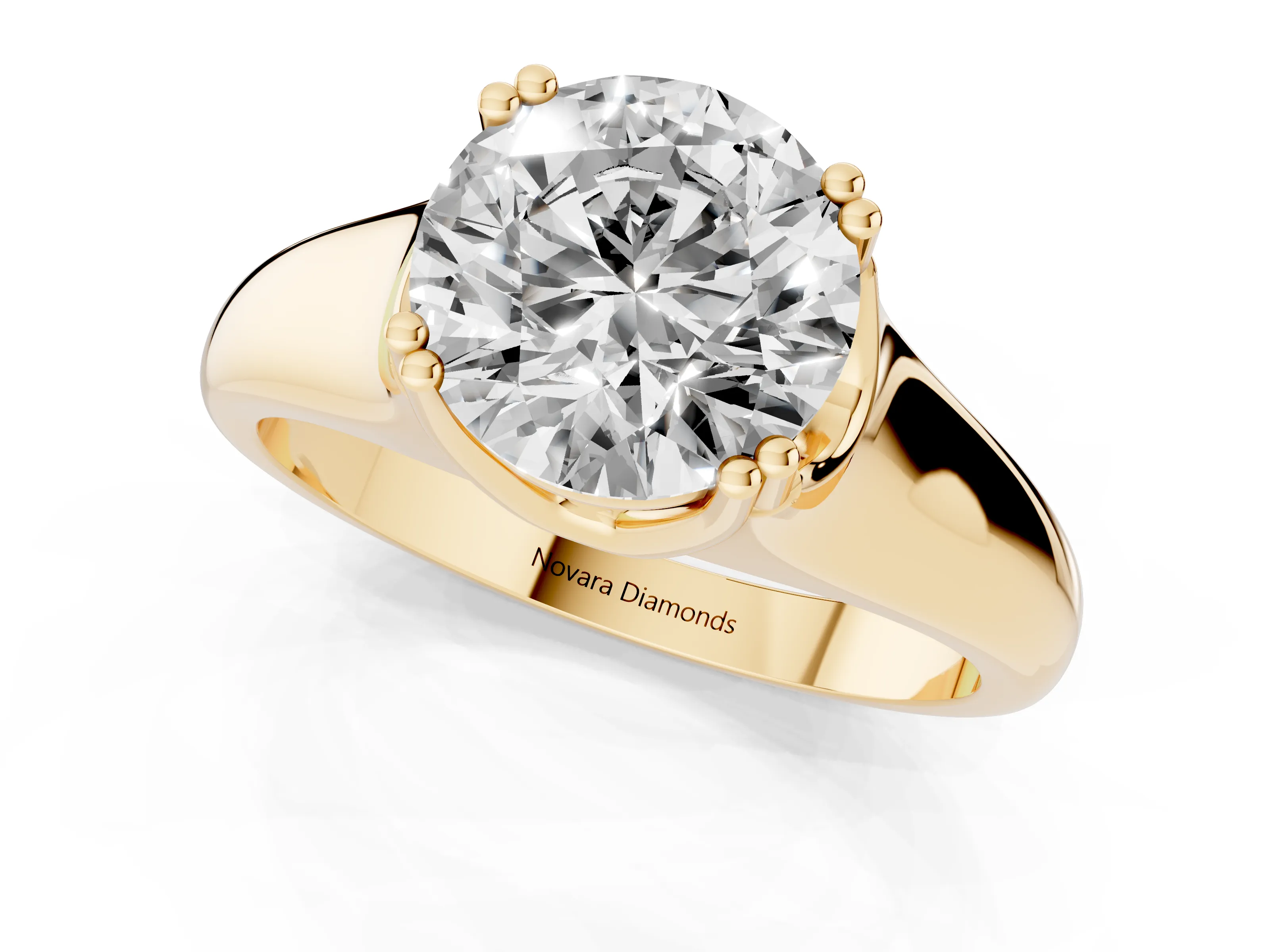 Round Cut Diamond Solitaire Ring Set in Yellow gold with Wide Band and Prong Setting