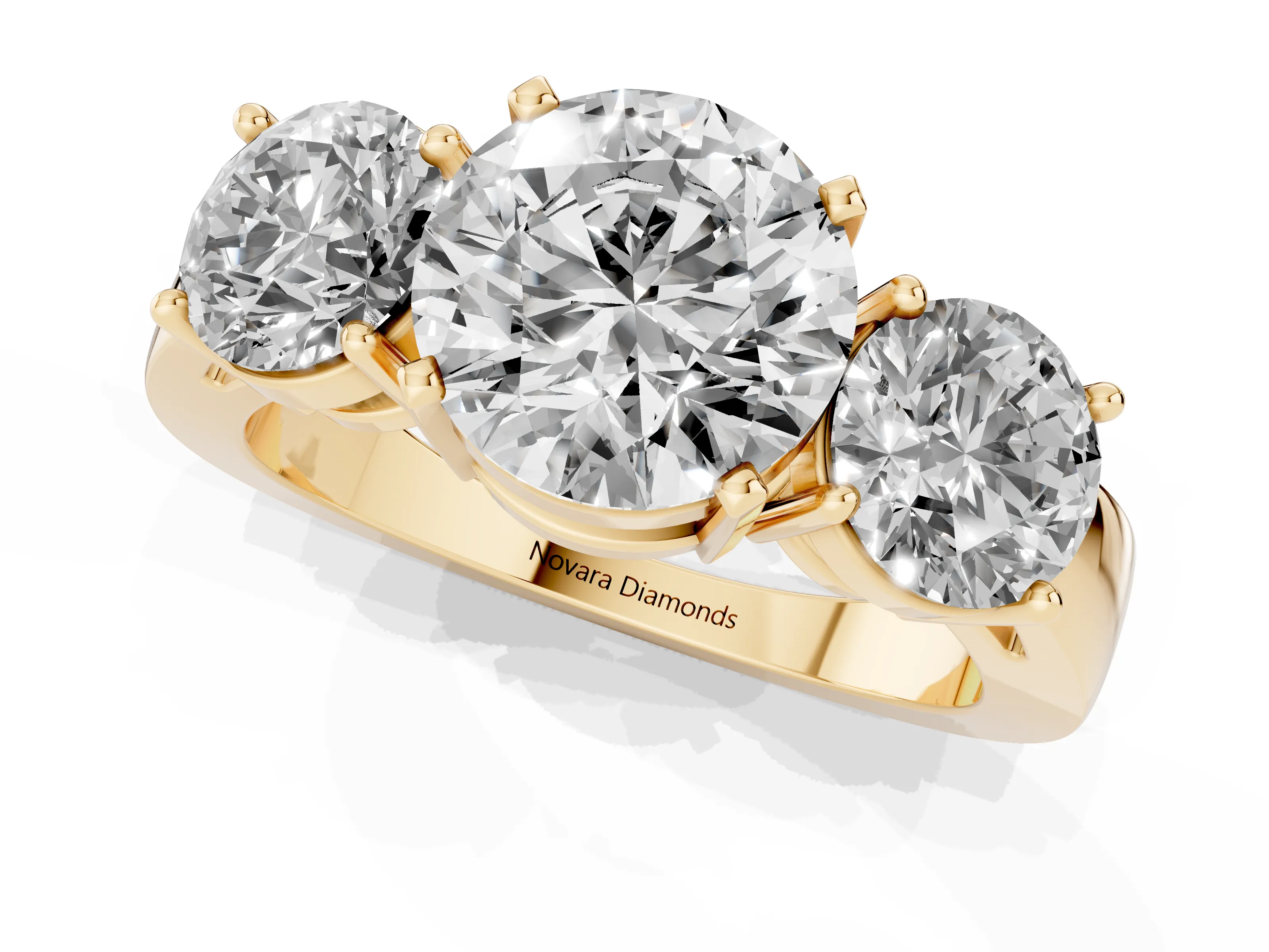 Round Cut Diamond Three-Stone Ring Set in Yellow gold with Round Side Stones and Classic Band