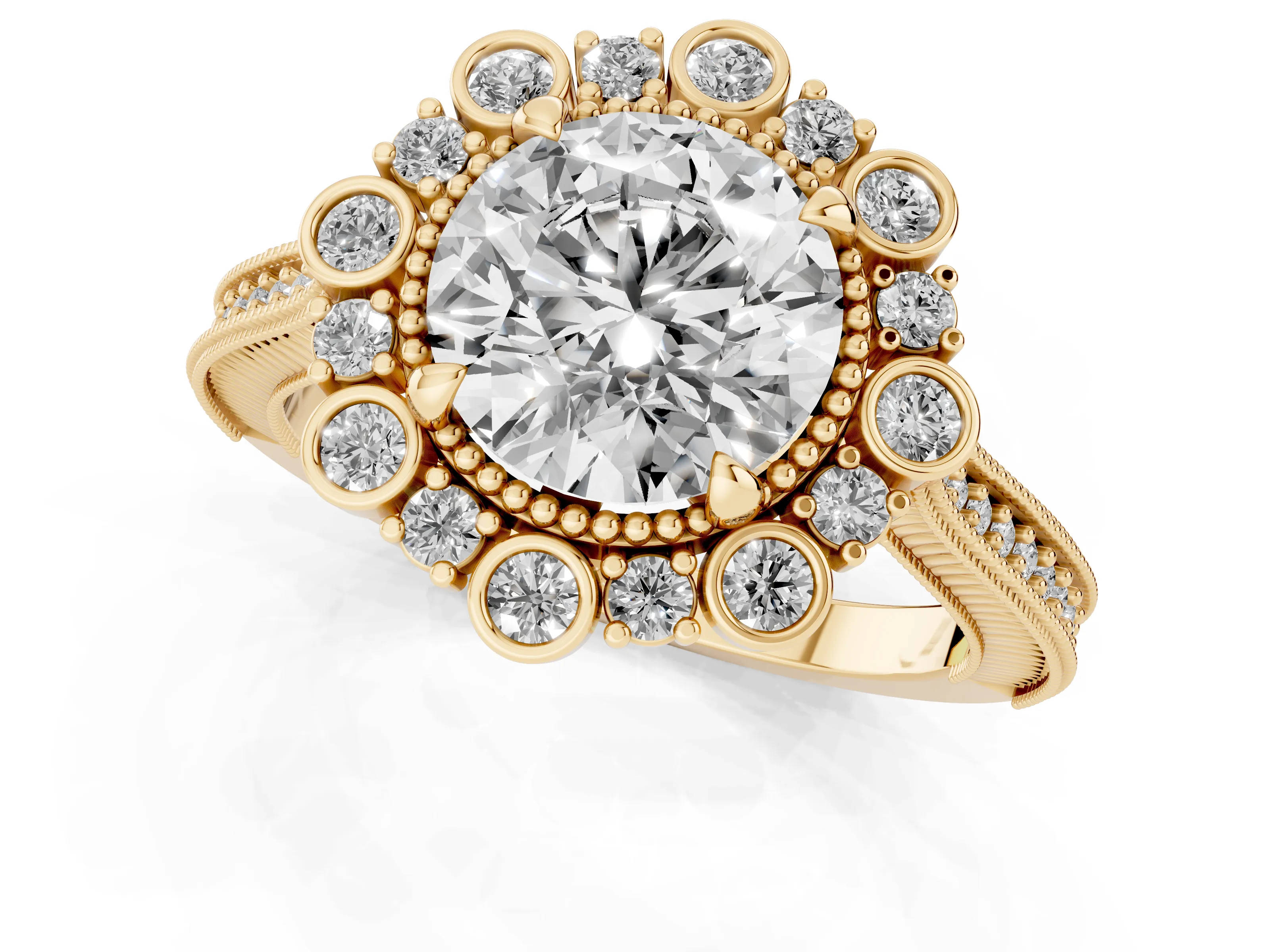 Round Cut Diamond Halo Milgrain Pavé Ring Set in Yellow gold with Prong Setting