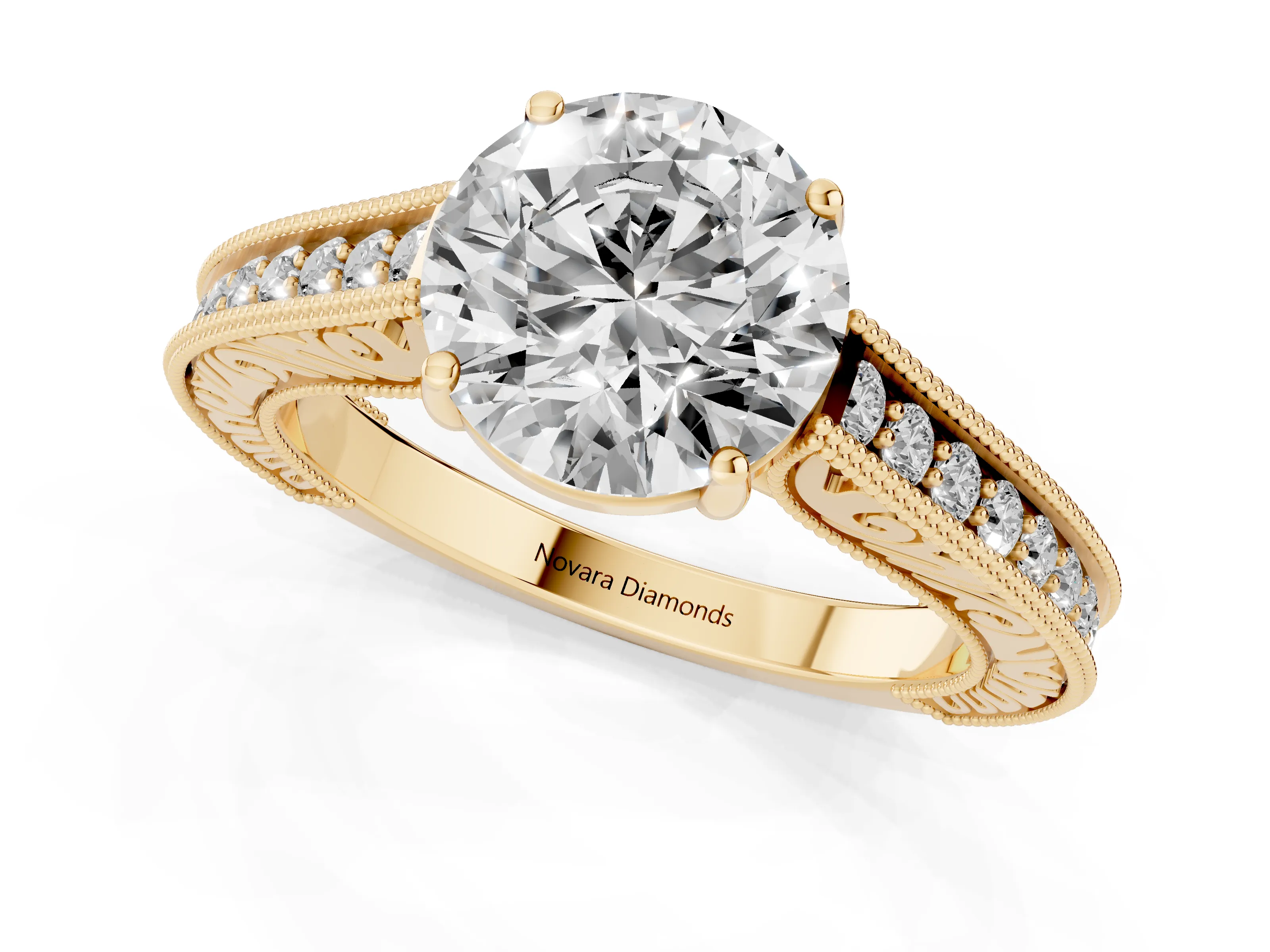 Round Cut Diamond Milgrain Pavé Band Solitaire Ring Set in Yellow gold with Prong Setting
