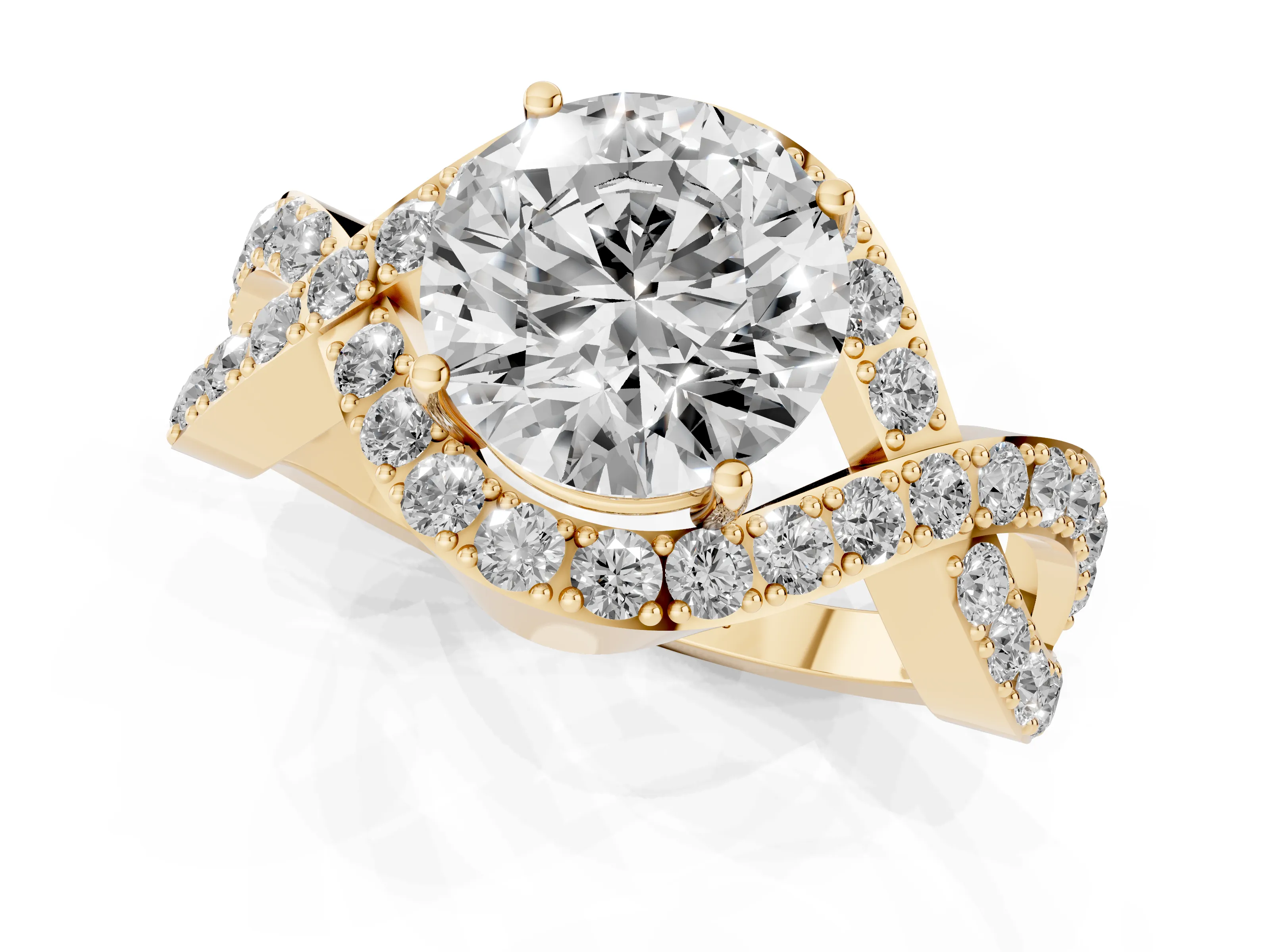 Round Cut Diamond Solitaire Twist Band Pavé Engagement Ring Set in Yellow gold