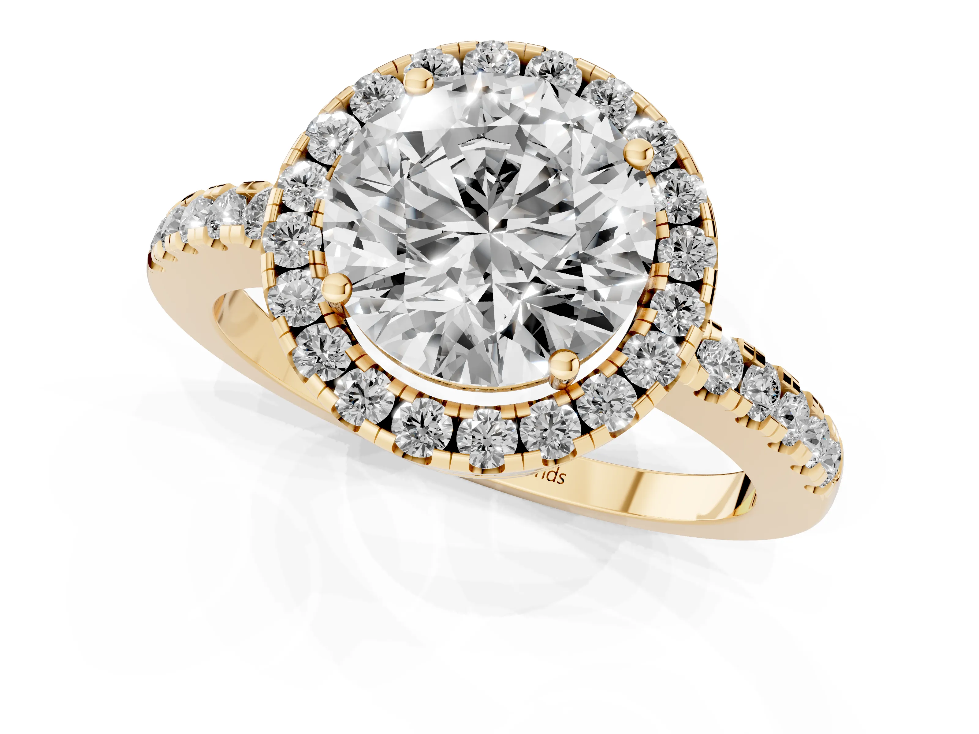 Round Cut Diamond Pavé Band Halo Engagement Ring Set in Yellow gold with Prong Setting