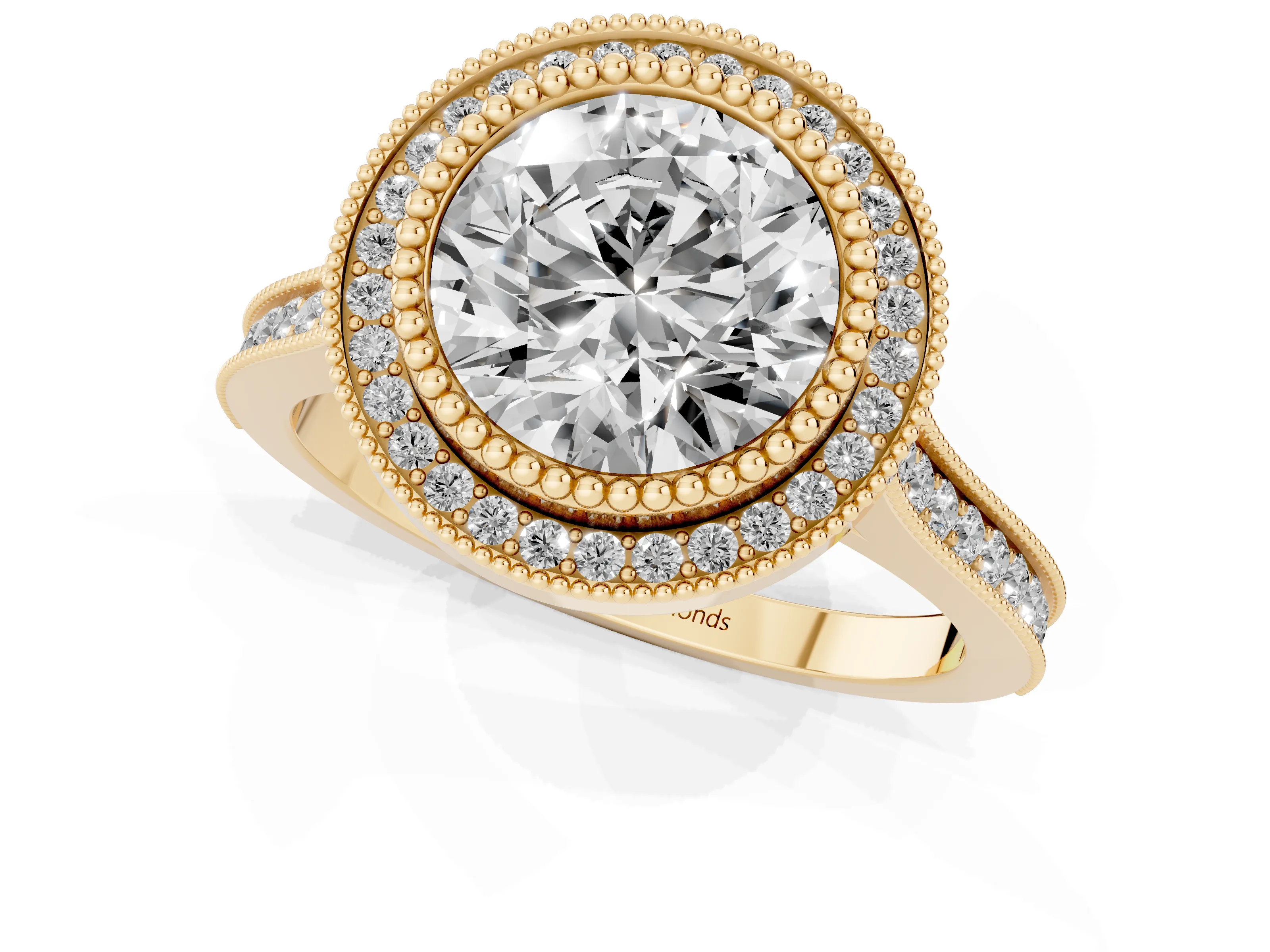 Round Cut Diamond Halo Ring Set in Yellow gold with Milgrain Frame and Pavé Band