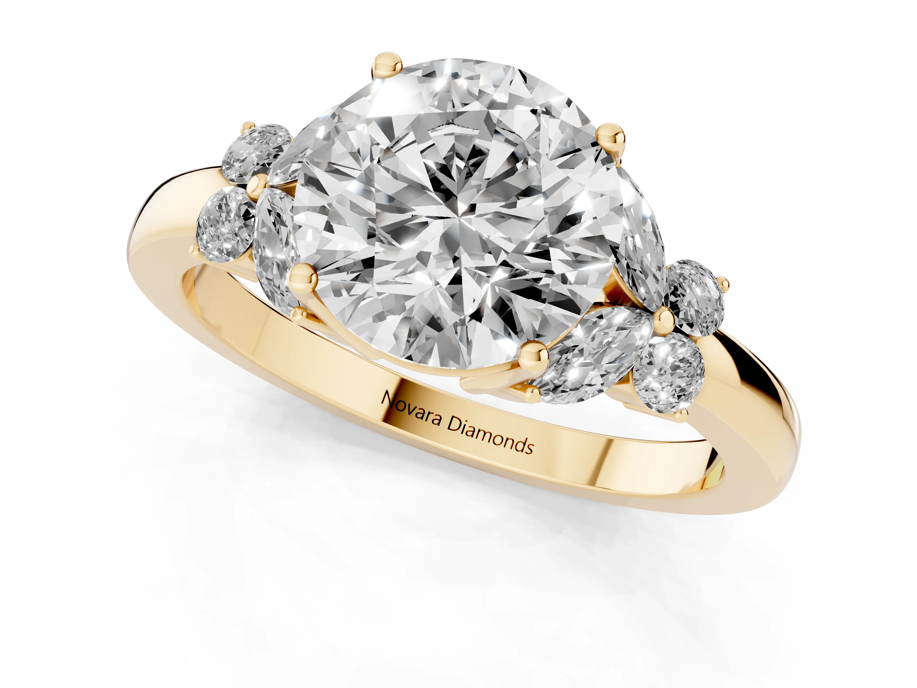 Round Cut Diamond Solitaire Floral Ring Set in Yellow gold with Marquise Petals and Prong Setting