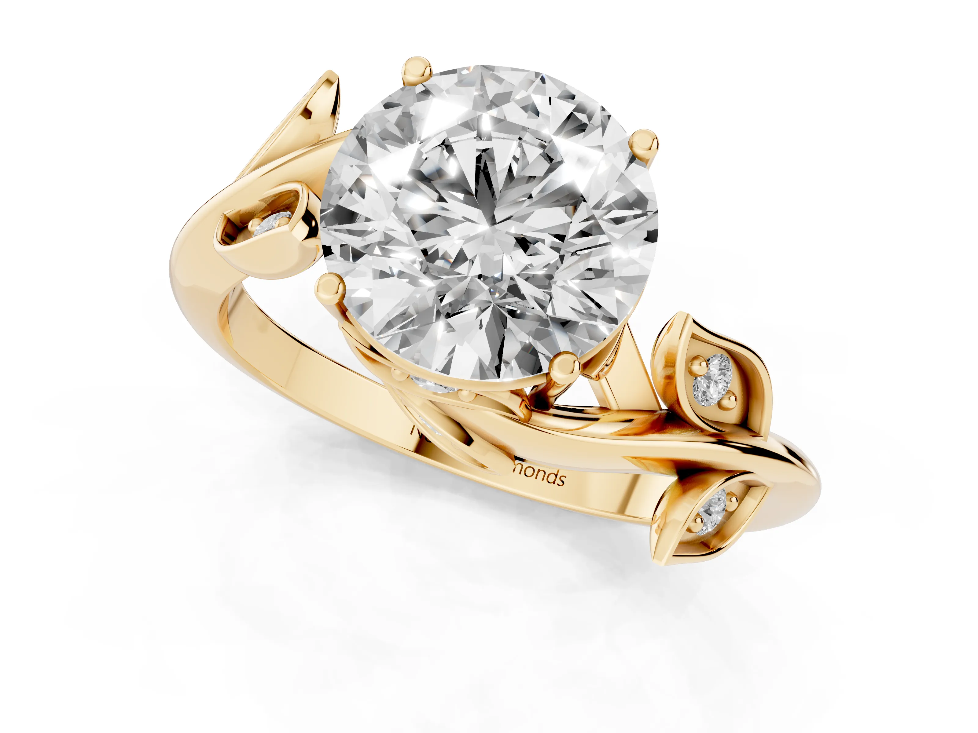 Round Cut Diamond Solitaire Twist Engagement Ring Set in Yellow gold with Pavé Leaf Accents