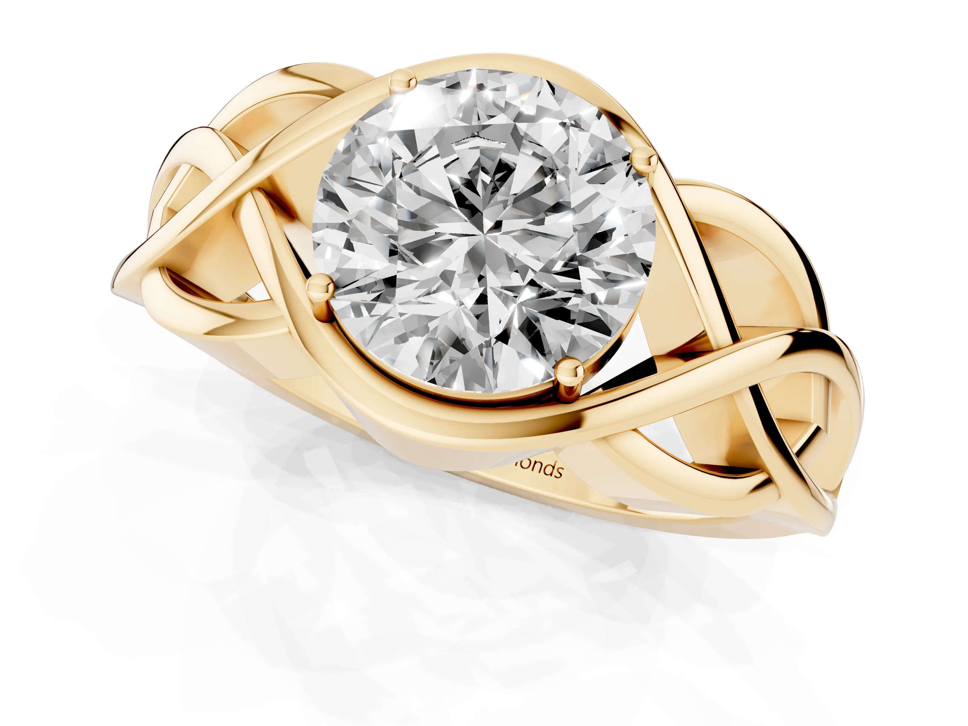 Round Cut Diamond Solitaire Ring Set in Yellow gold with Intertwined Band